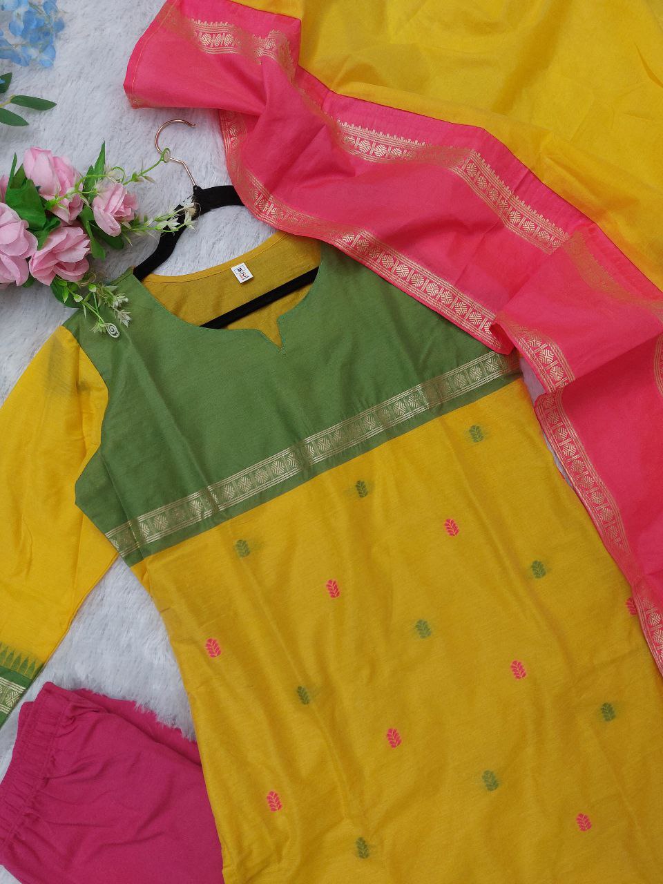 Printed Pure Cotton Notch Neck Straight Kurta With Pant And Dupatta