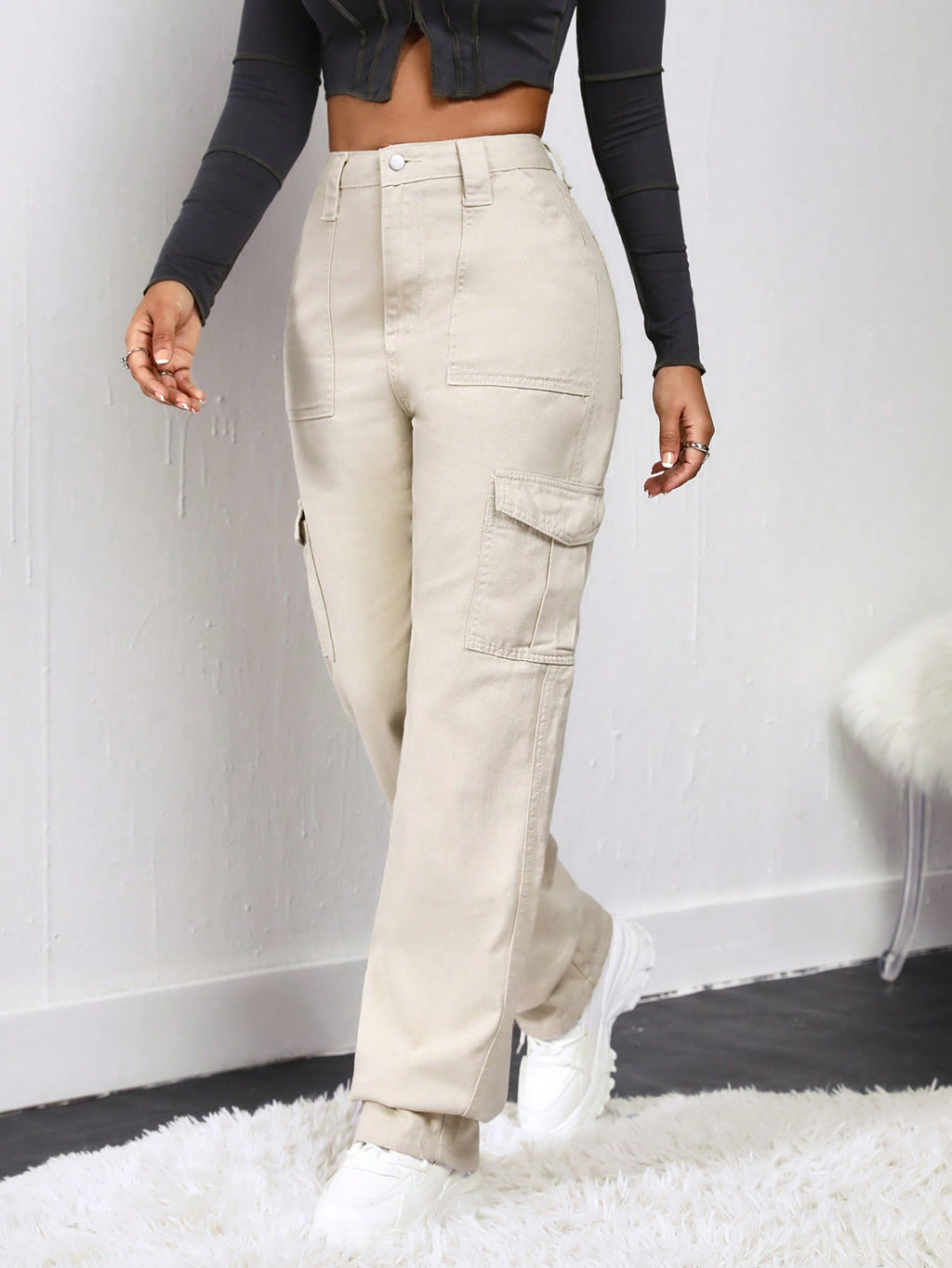 Cream Color Cargo Denim Lycra Women Jeans