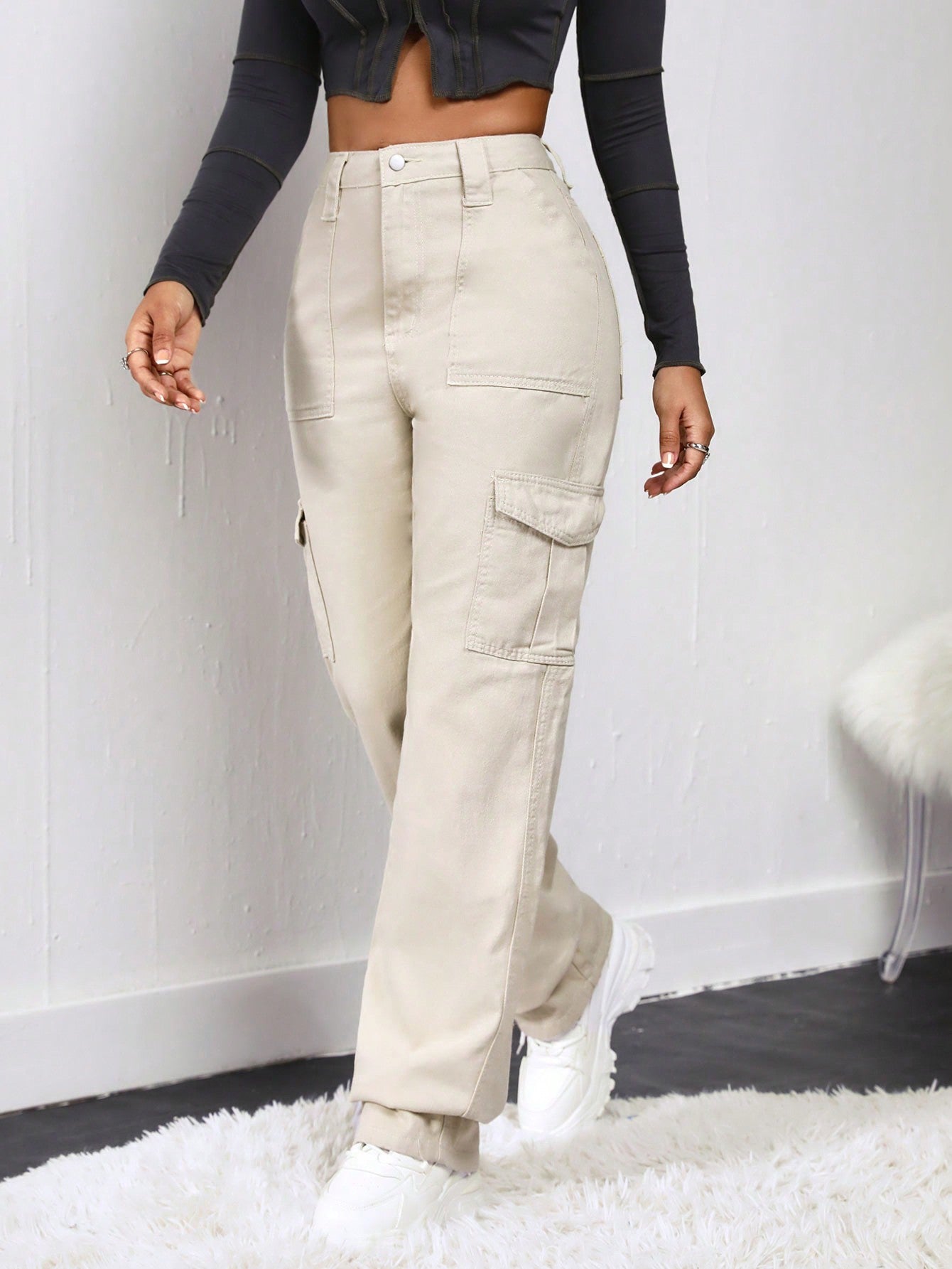 Cream Color Cargo Denim Lycra Women Jeans