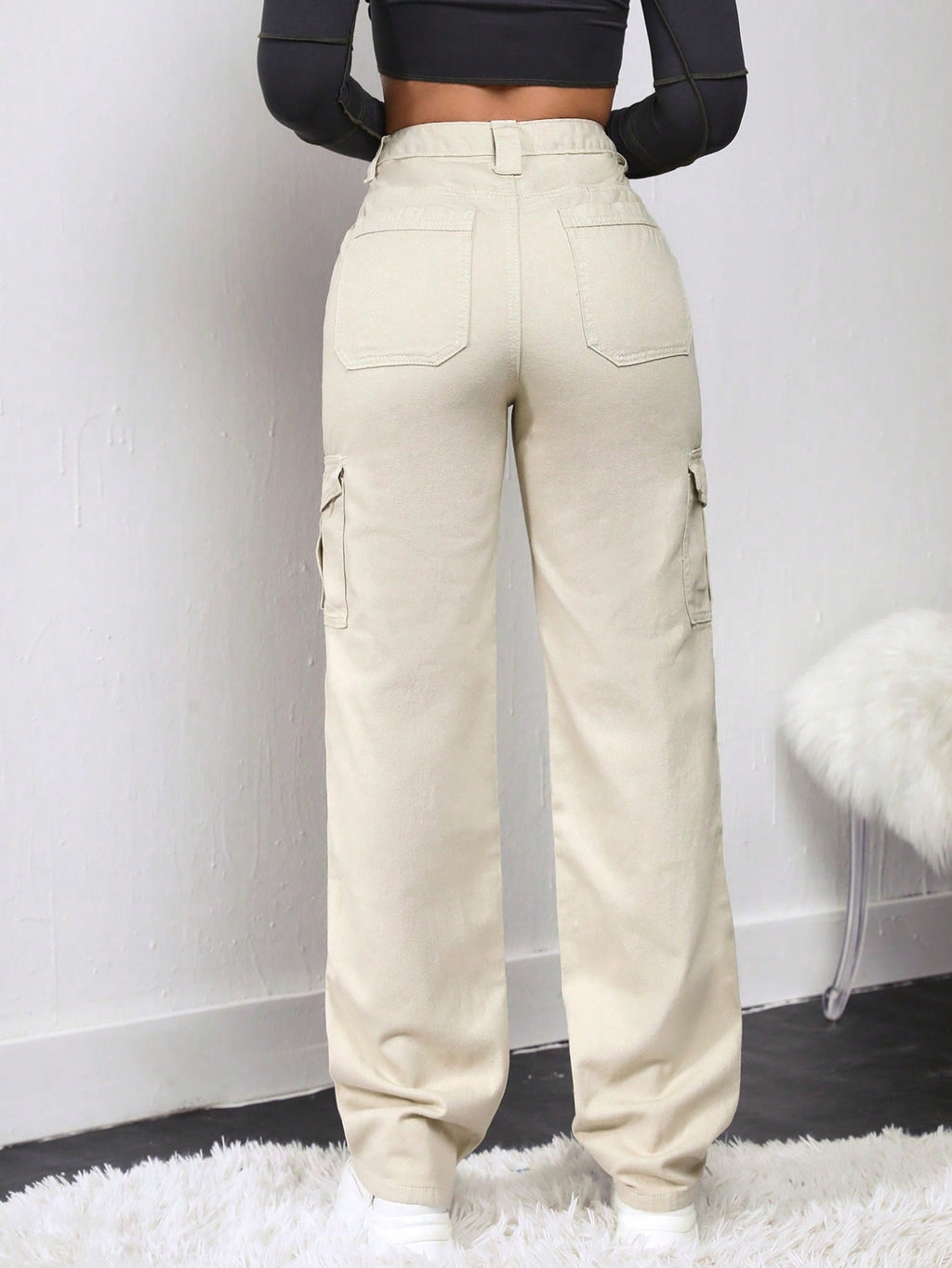 Cream Color Cargo Denim Lycra Women Jeans