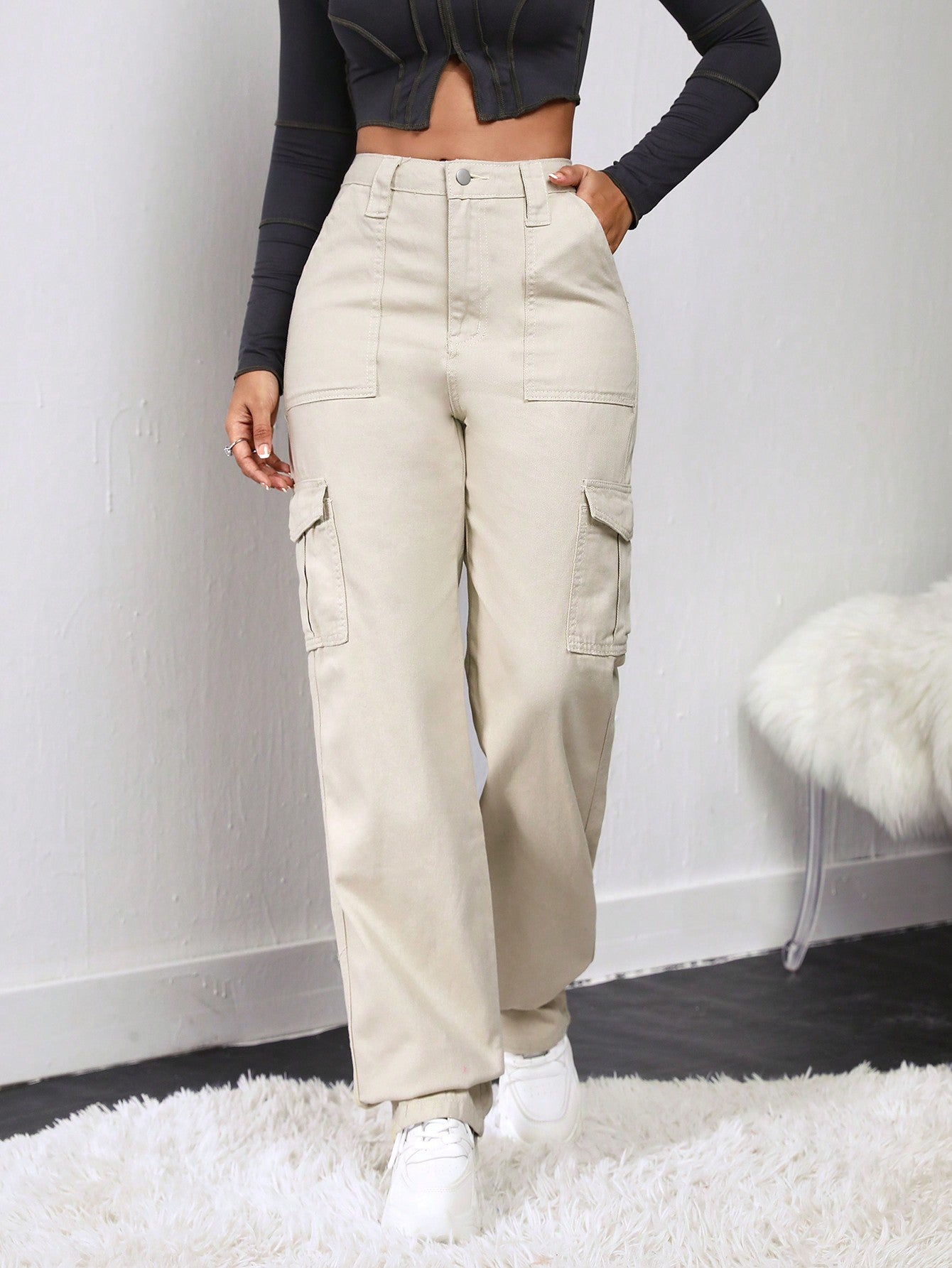 Cream Color Cargo Denim Lycra Women Jeans