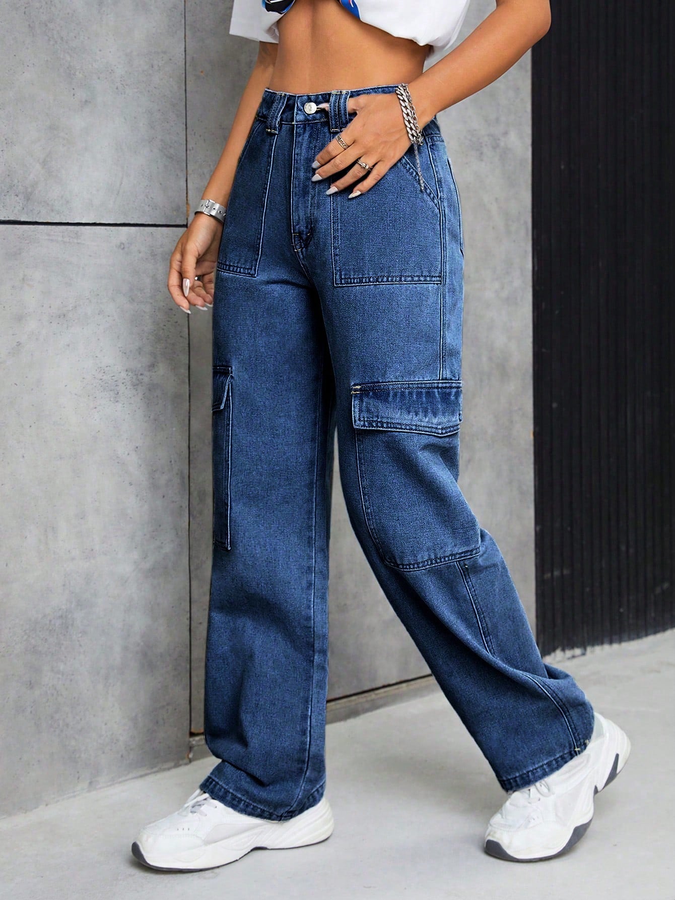 Dark Blue 6-Pocket Cargo Denim Jeans for Women