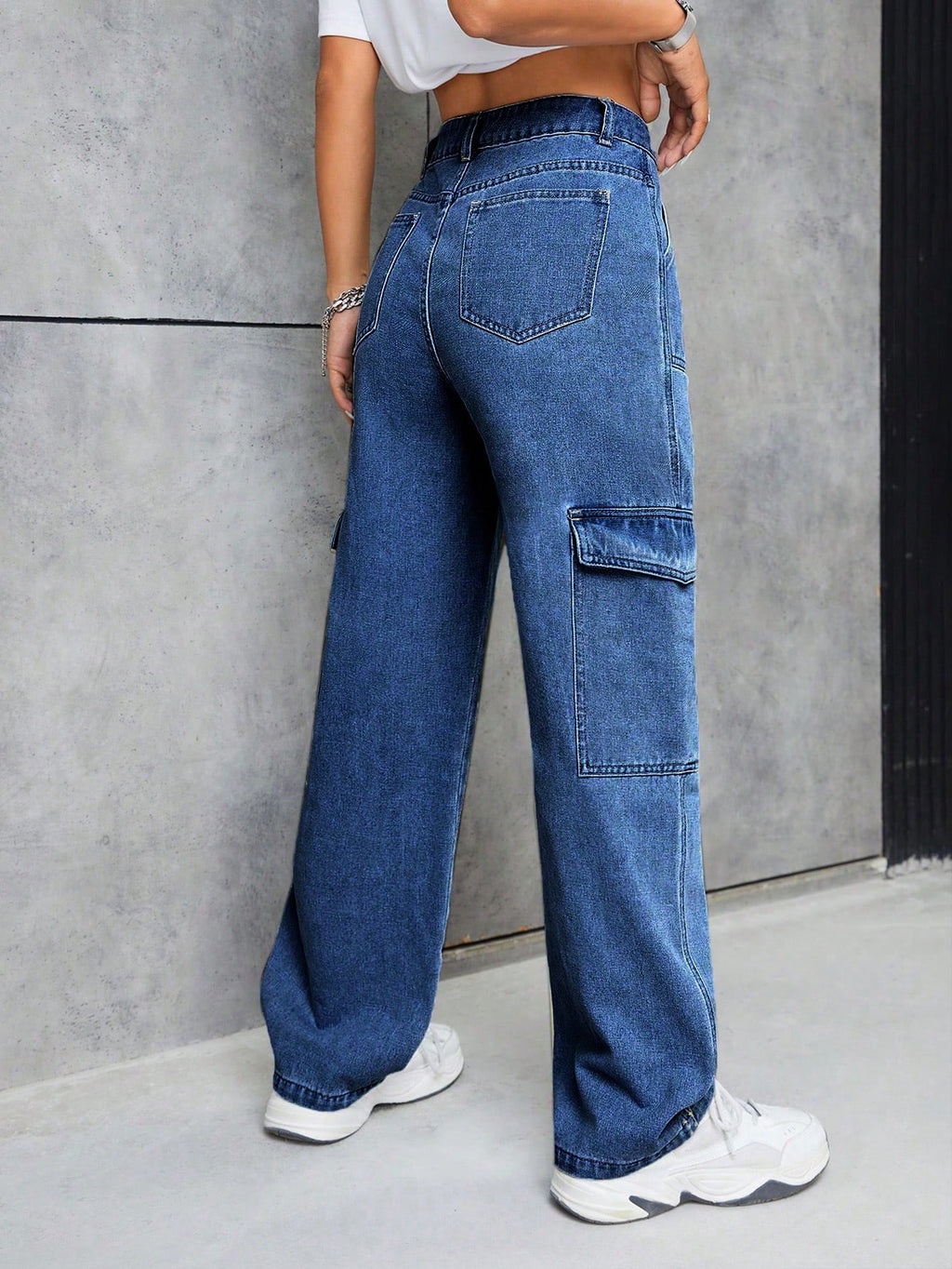 Dark Blue 6-Pocket Cargo Denim Jeans for Women
