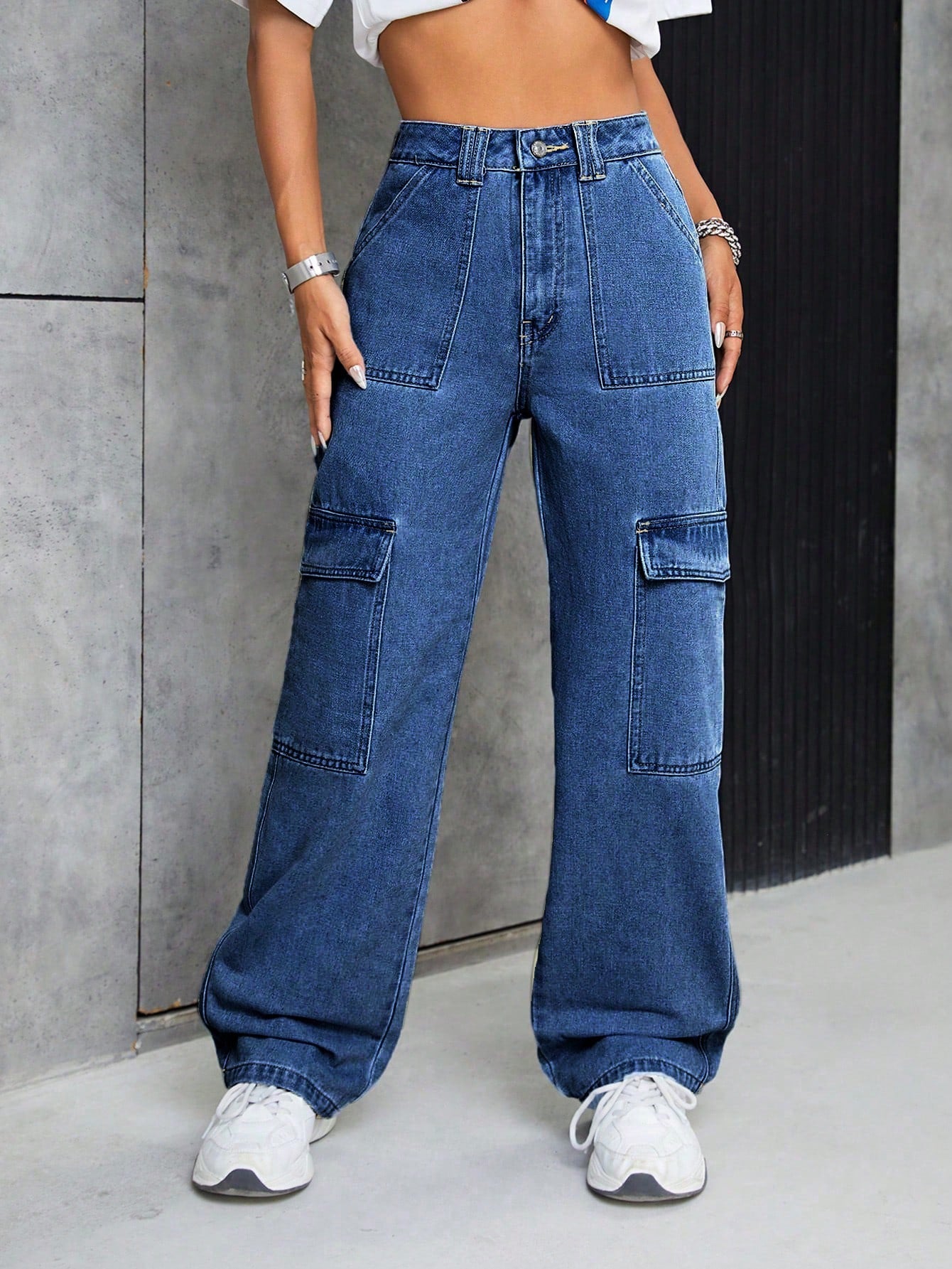 Dark Blue 6-Pocket Cargo Denim Jeans for Women