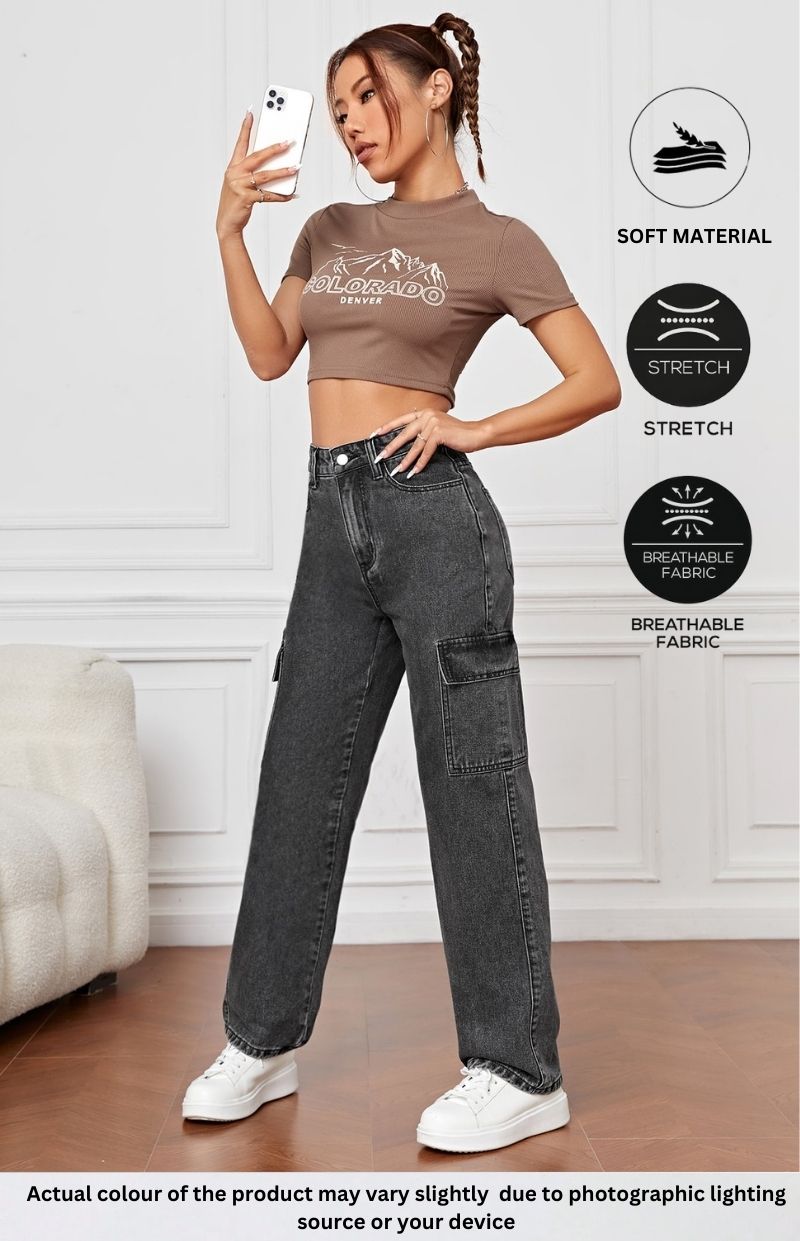Women’s Charcoal Grey Cargo Baggy Denim Jeans