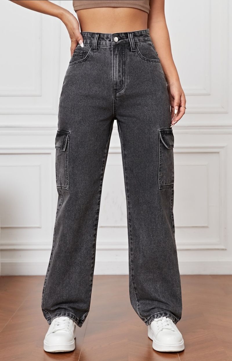Women’s Charcoal Grey Cargo Baggy Denim Jeans