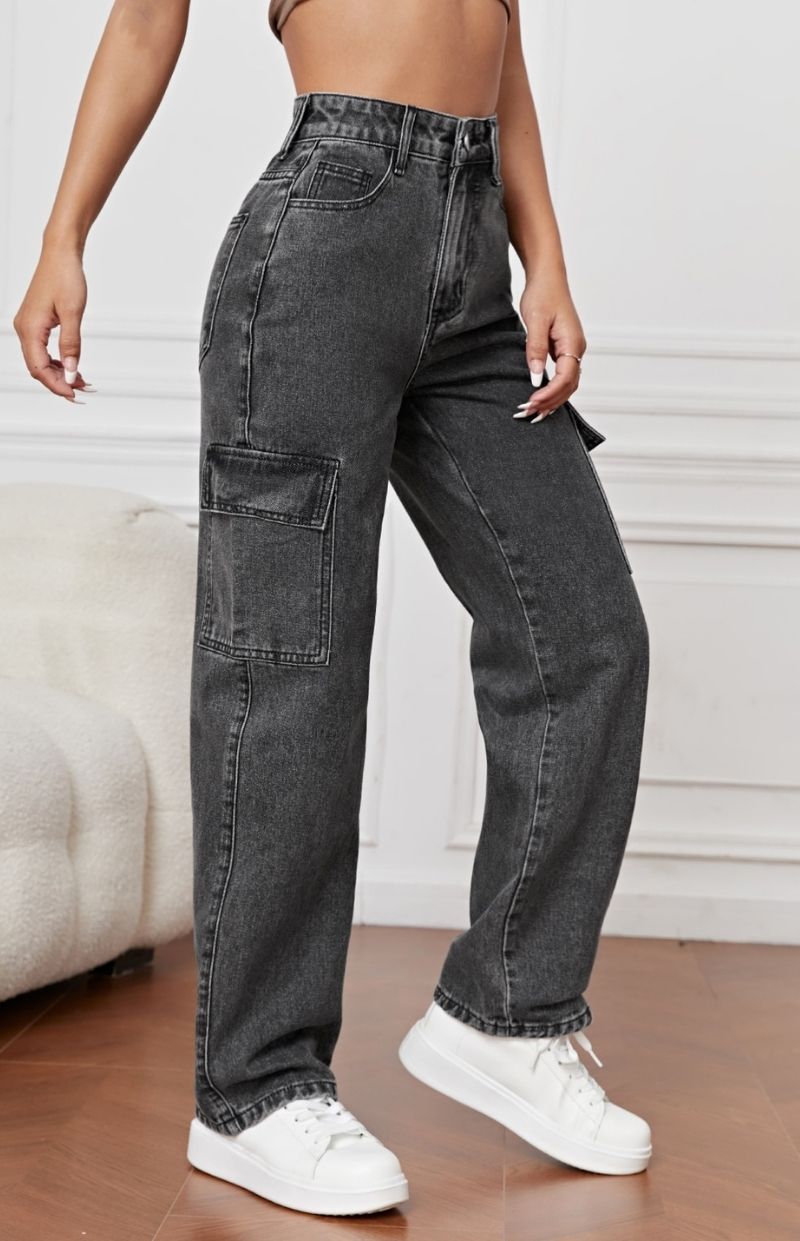 Women’s Charcoal Grey Cargo Baggy Denim Jeans