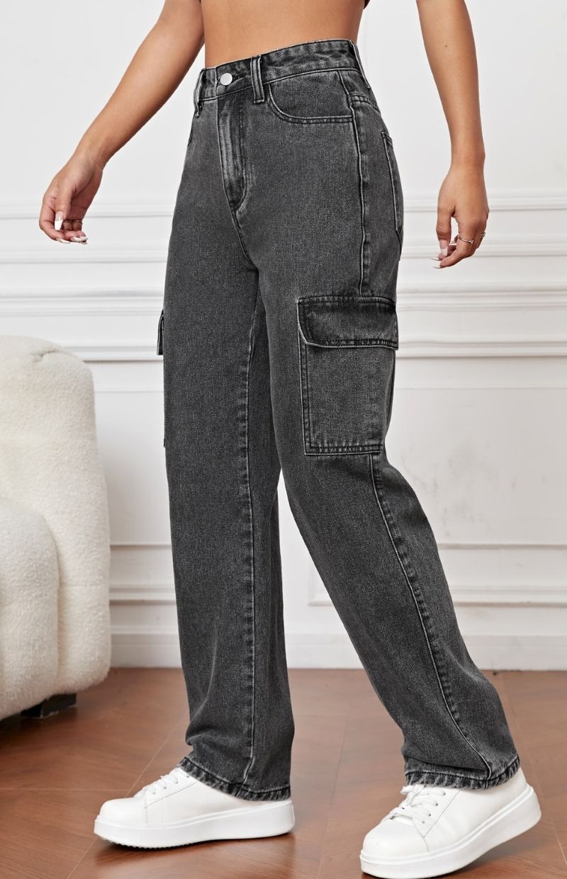 Women’s Charcoal Grey Cargo Baggy Denim Jeans