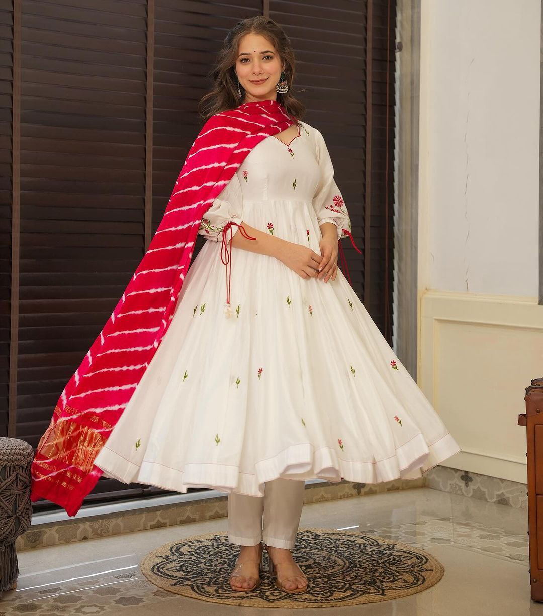 Traditional White Anarkali Suit Set With Churidar Pants & Red Dupatta