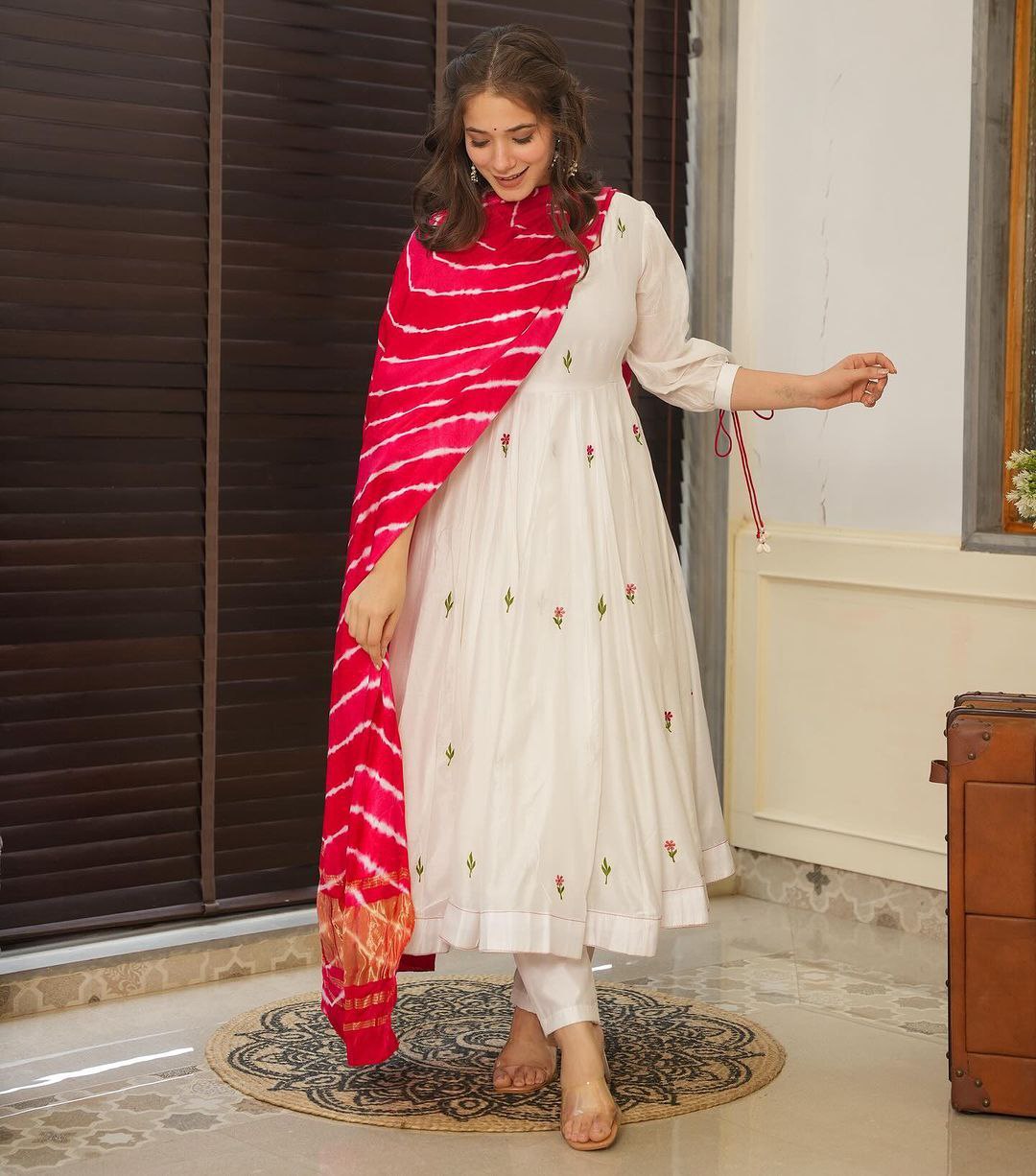 Traditional White Anarkali Suit Set With Churidar Pants & Red Dupatta