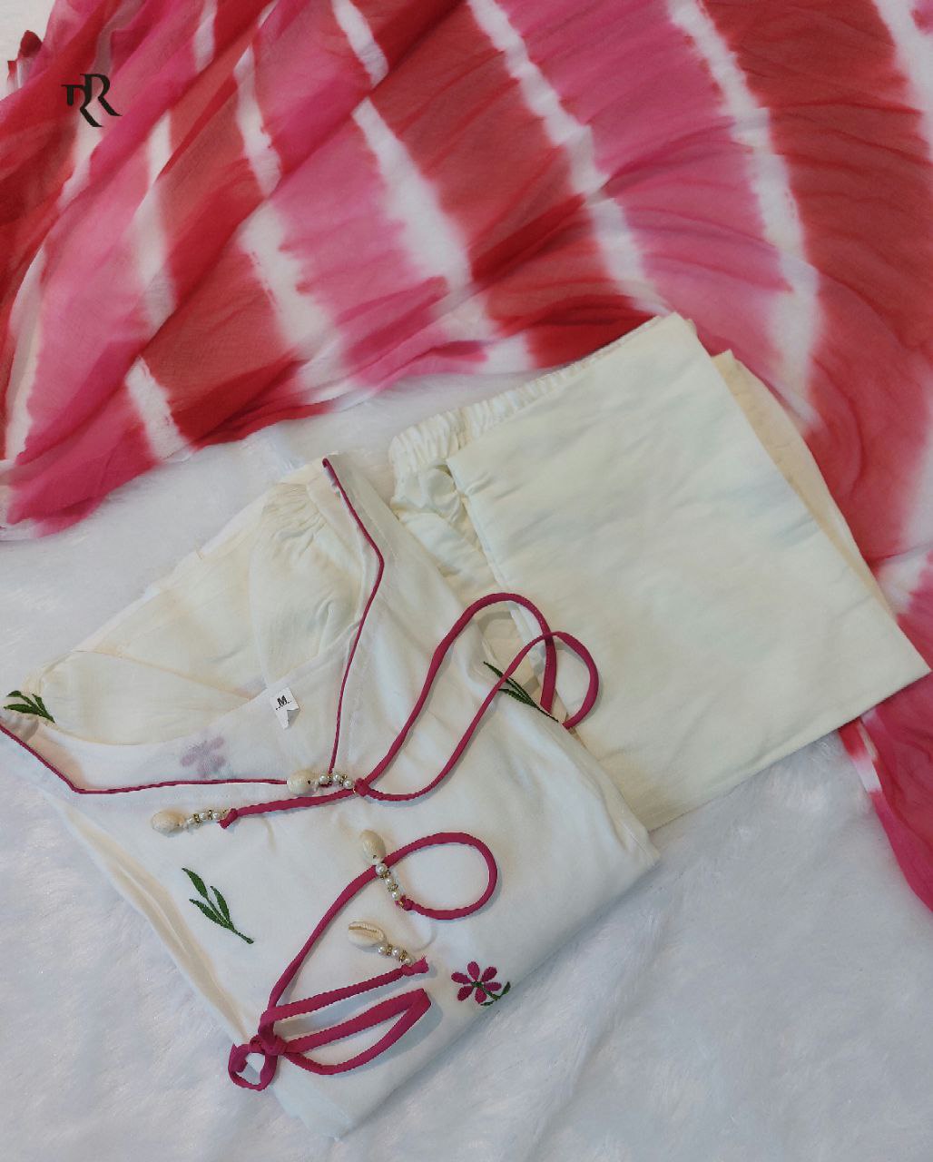 Traditional White Anarkali Suit Set With Churidar Pants & Red Dupatta