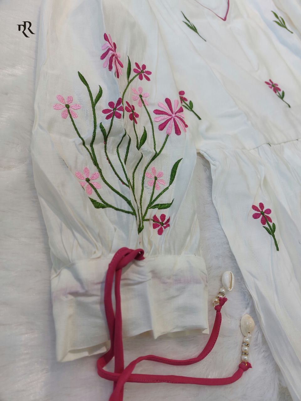Traditional White Anarkali Suit Set With Churidar Pants & Red Dupatta