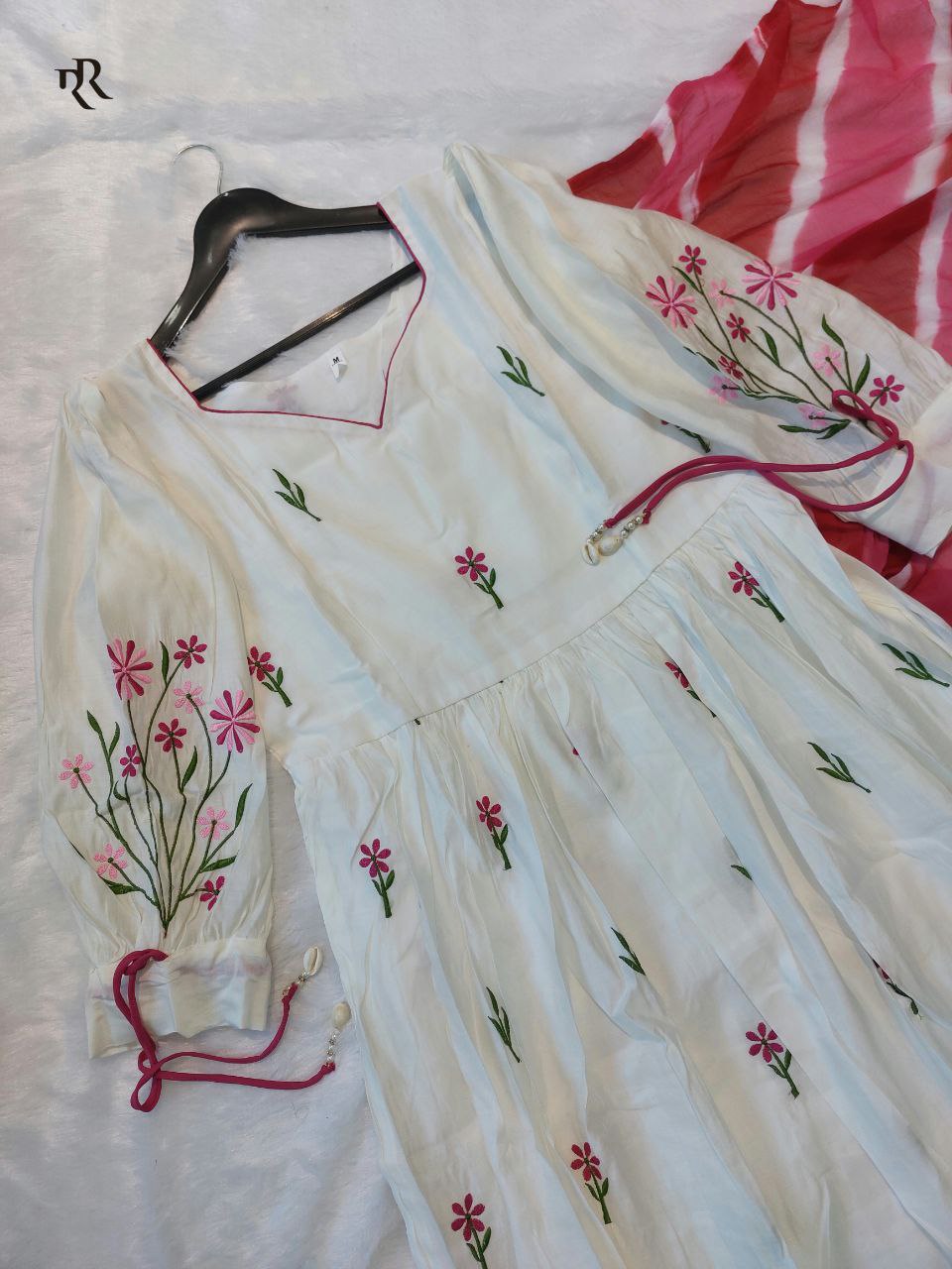 Traditional White Anarkali Suit Set With Churidar Pants & Red Dupatta