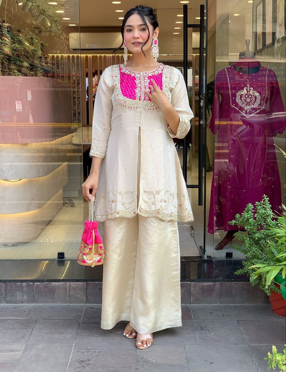 Embroidered Pink White Two-Piece Palazzo Sharara Suit