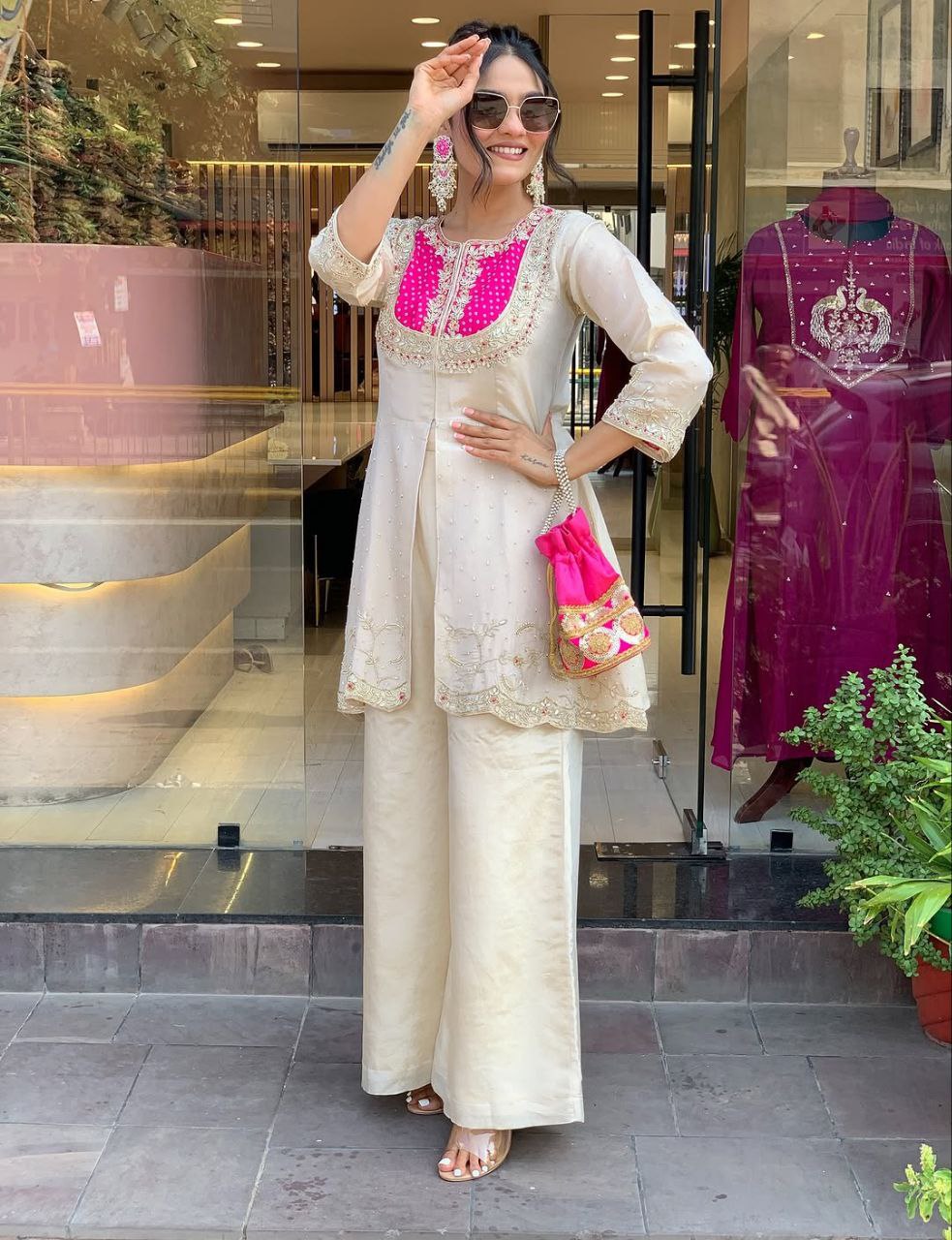 Embroidered Pink White Two-Piece Palazzo Sharara Suit