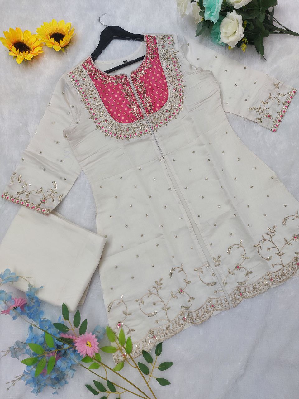 Embroidered Pink White Two-Piece Palazzo Sharara Suit