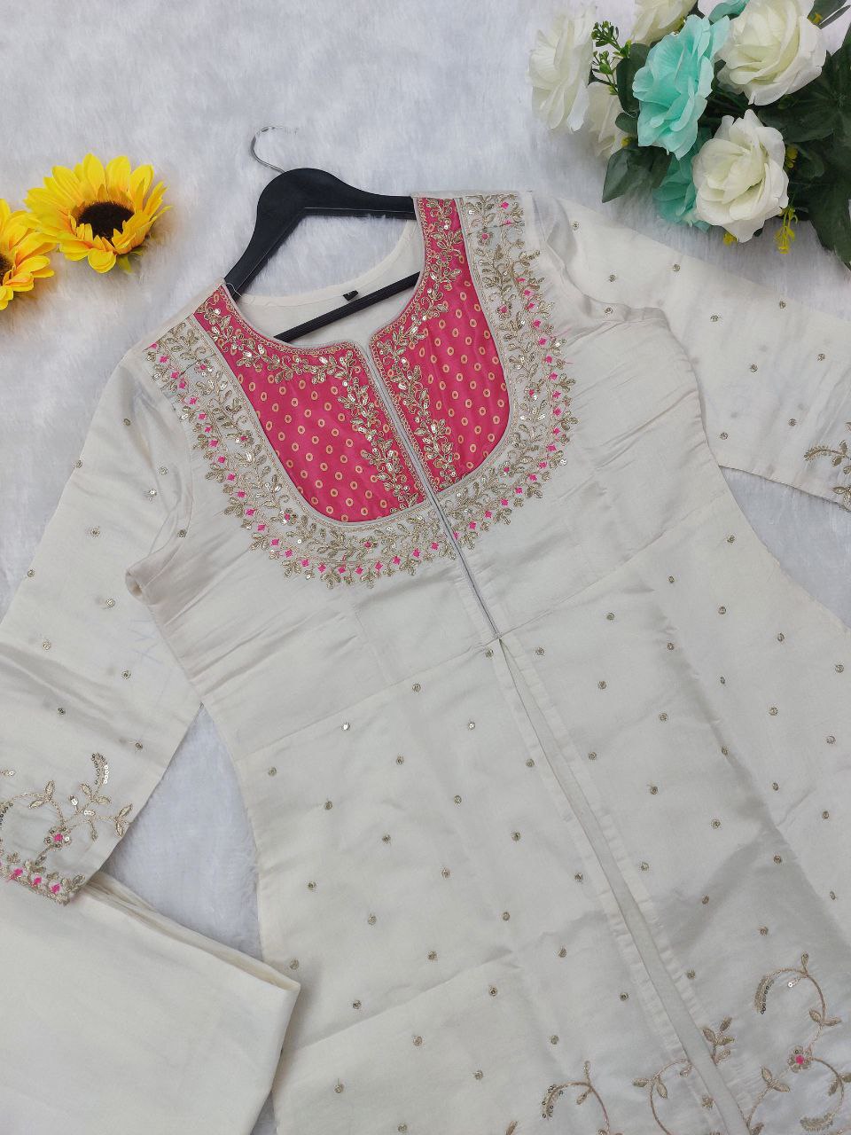 Embroidered Pink White Two-Piece Palazzo Sharara Suit