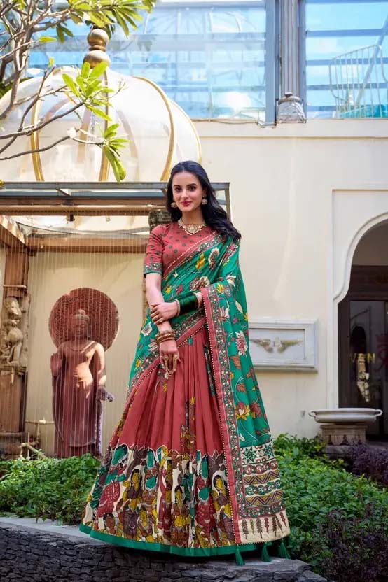 Mehndi Green Dola Silk Kalamkari Printed Lehenga Choli