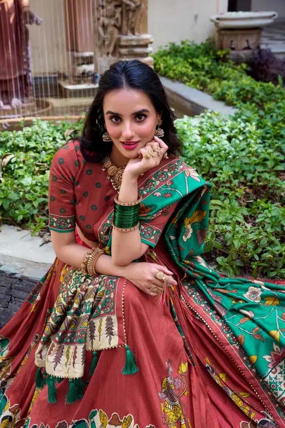 Mehndi Green Dola Silk Kalamkari Printed Lehenga Choli