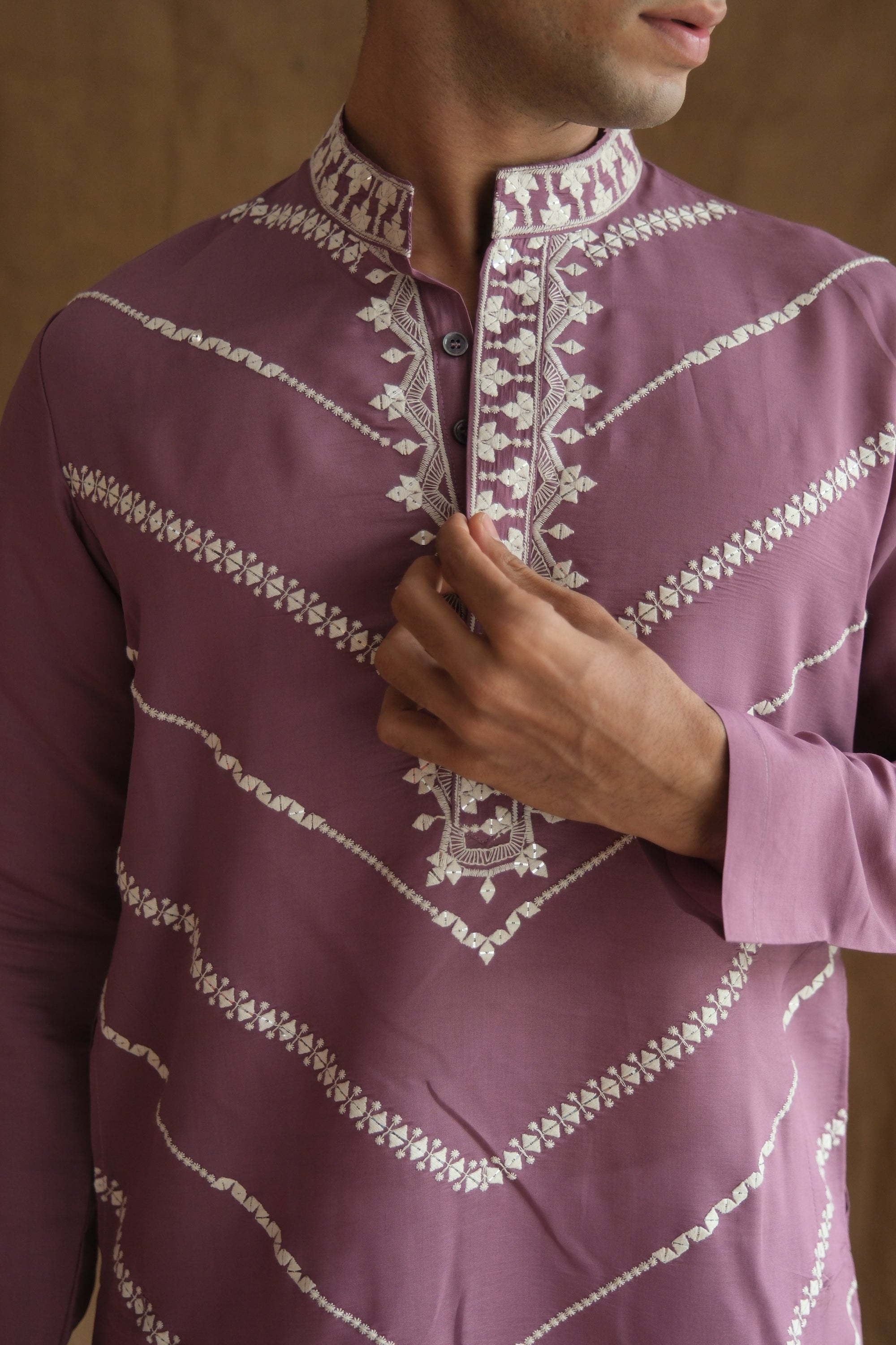 Men's Lavender Leheriya Embroidered Sequined Cotton Silk Kurta