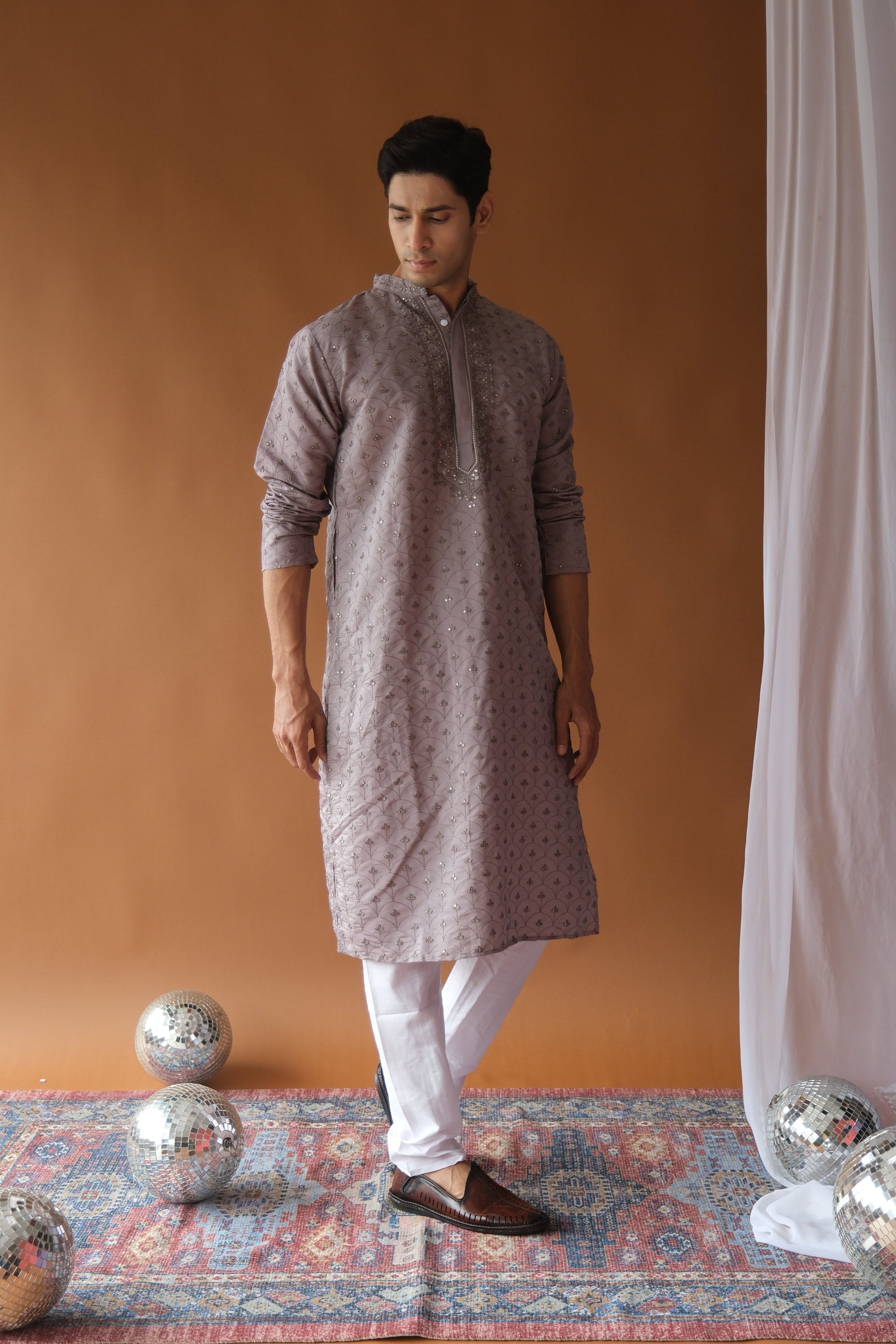 Dusty Lavender Embroidered Sequined Cotton Silk Kurta For Men