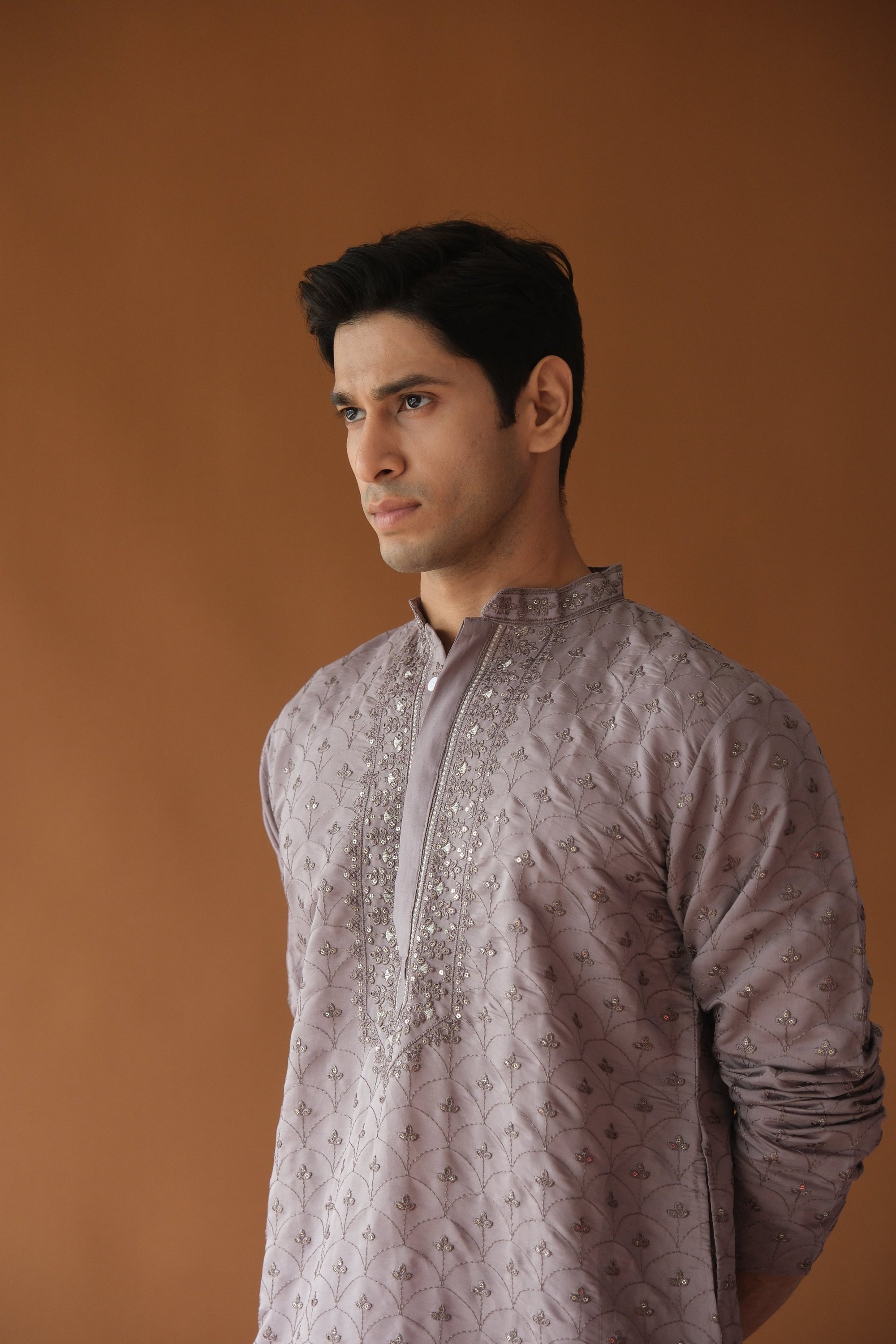 Dusty Lavender Embroidered Sequined Cotton Silk Kurta For Men