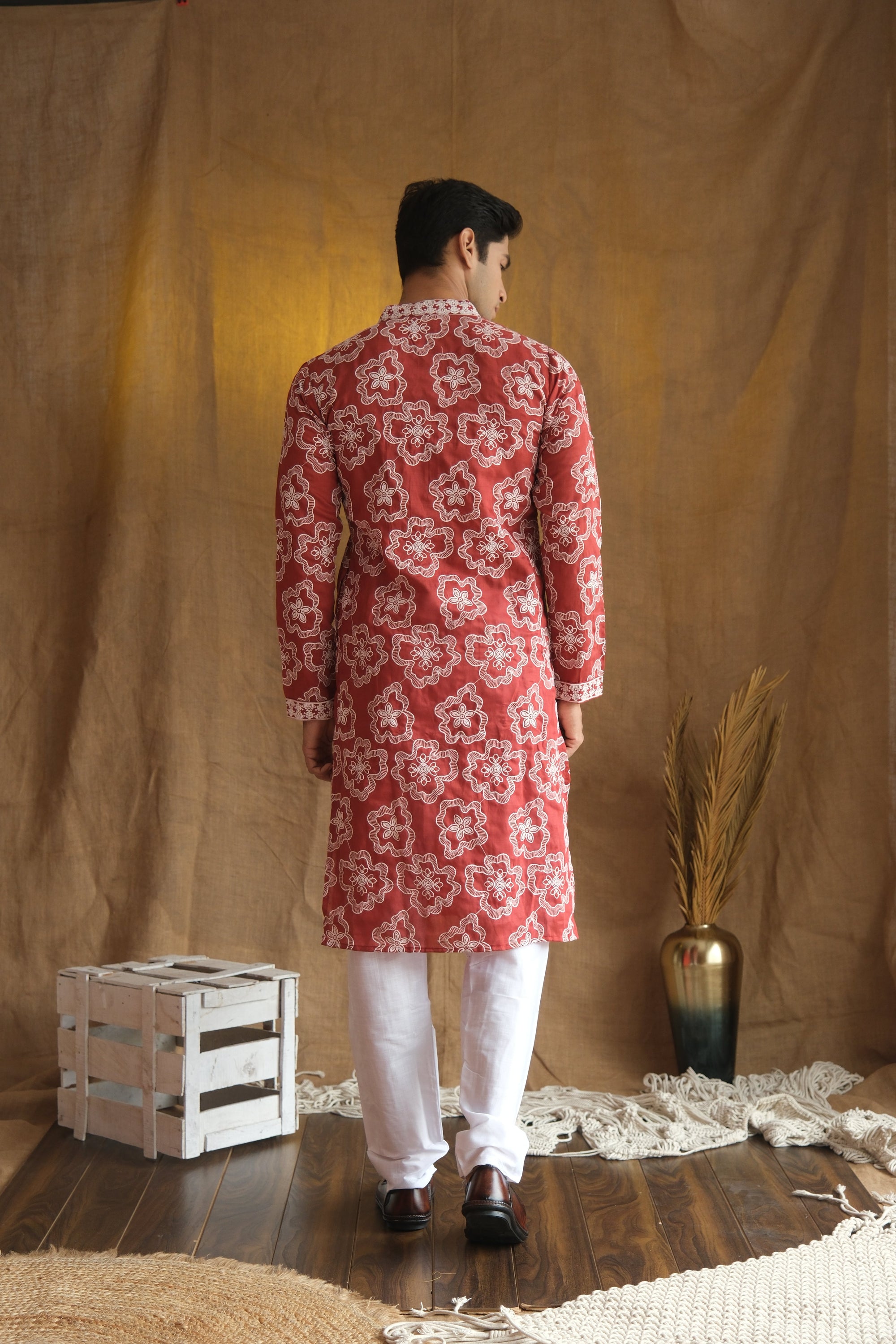 Men's Cherry Red Floral Embroidered Cotton Silk Kurta