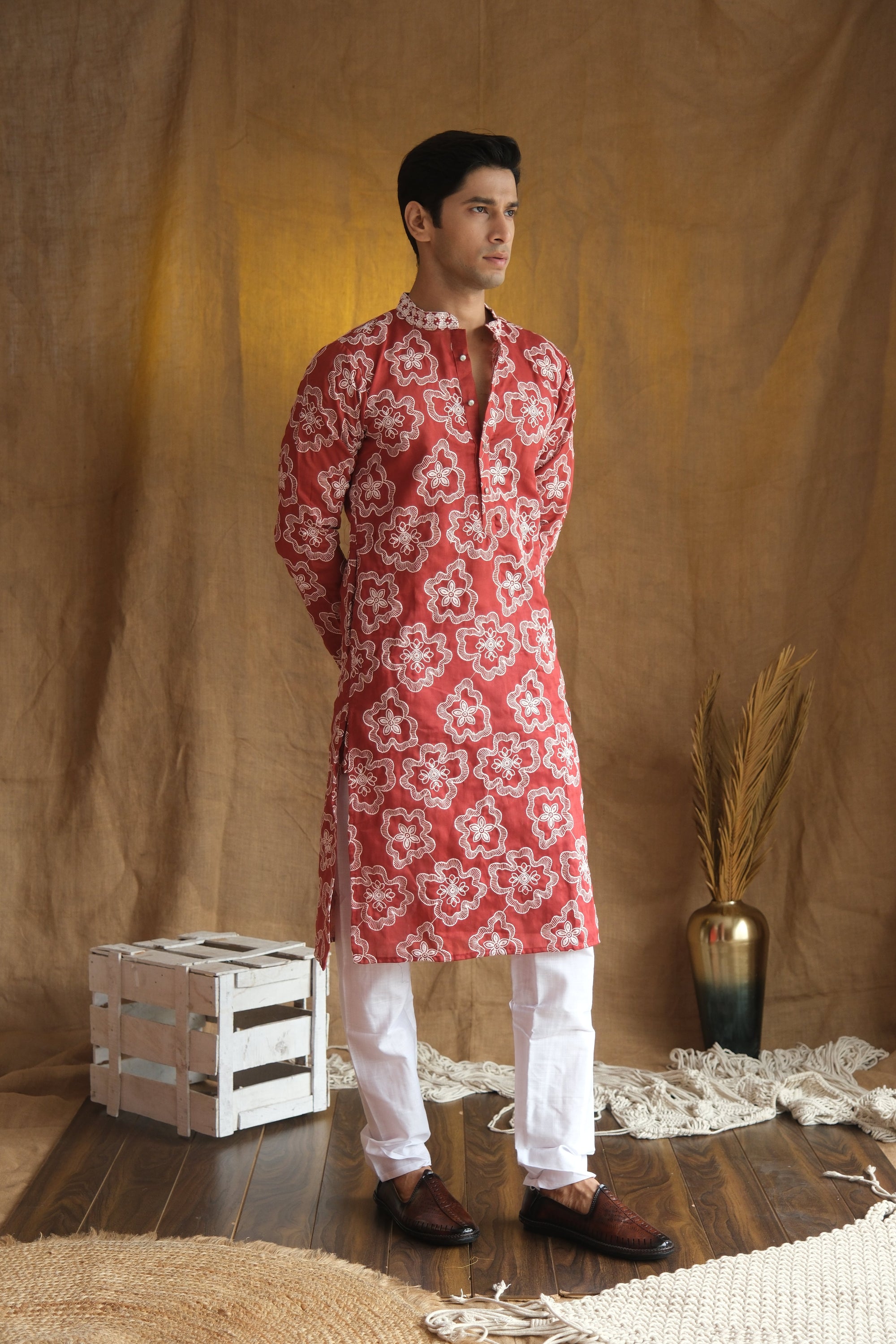 Men's Cherry Red Floral Embroidered Cotton Silk Kurta