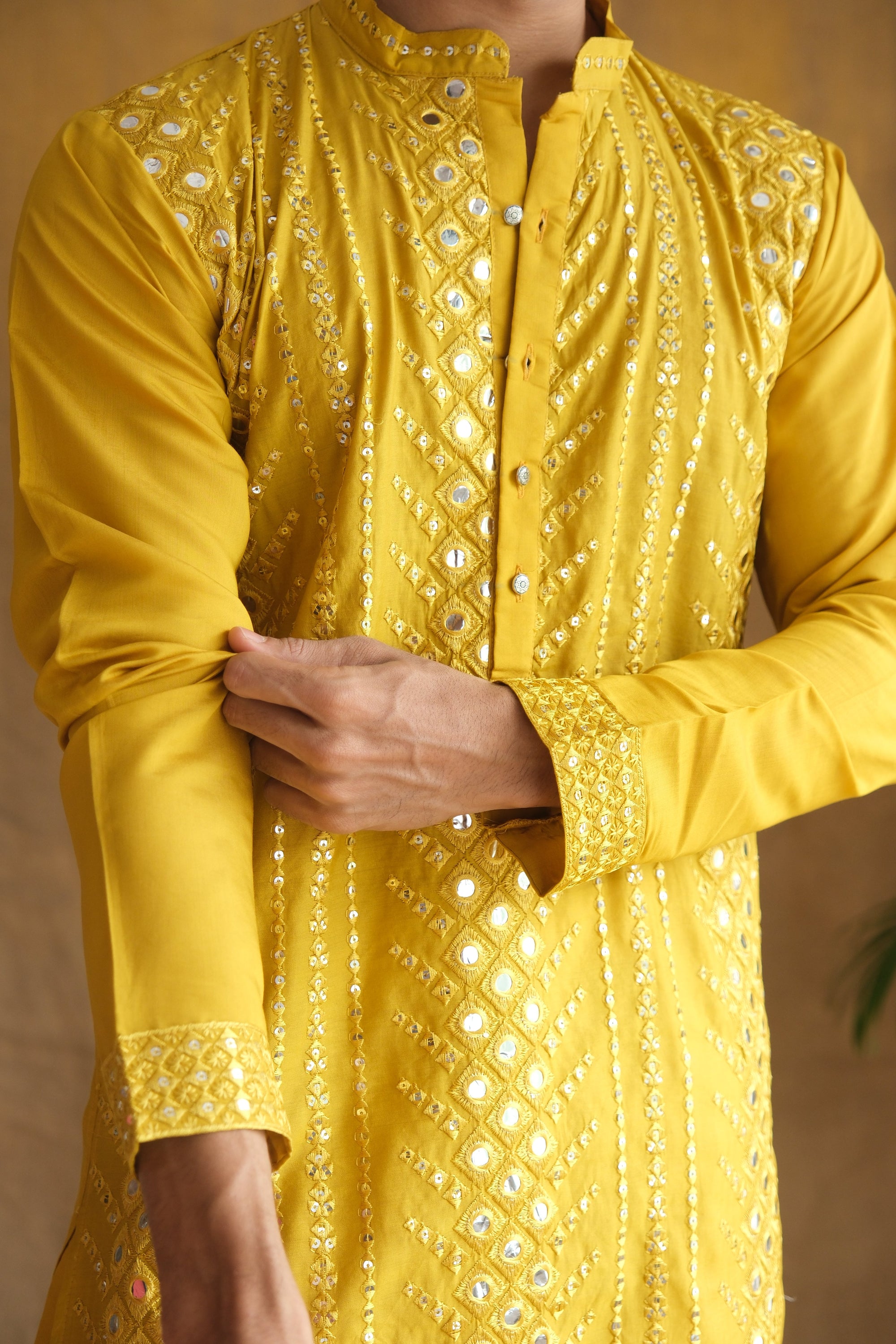 Men's Mustard Cotton Silk Mirror Embroidery Work Men Kurta