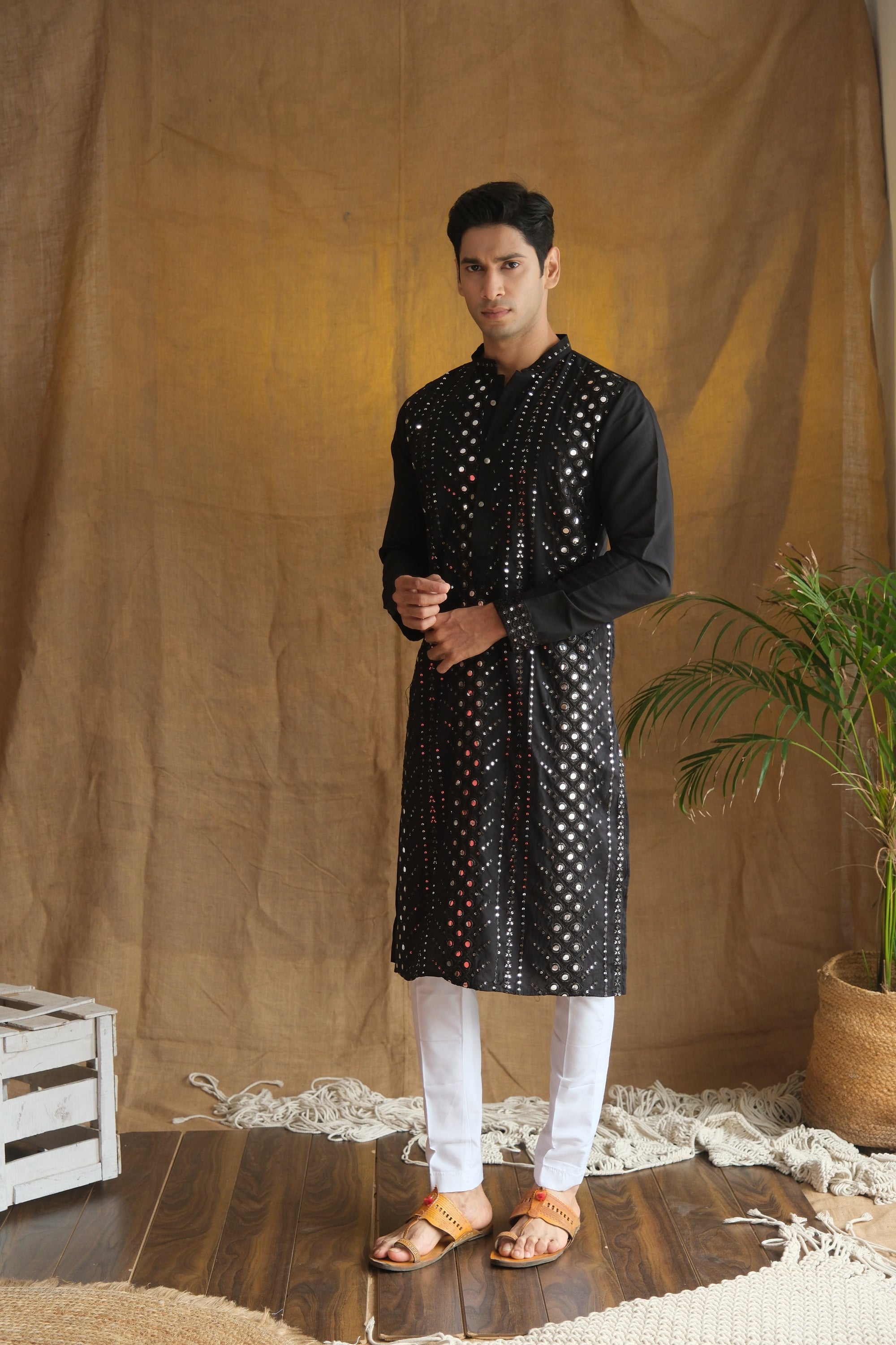 Men's Black Cotton Silk Mirror Embroidery Work Men Kurta