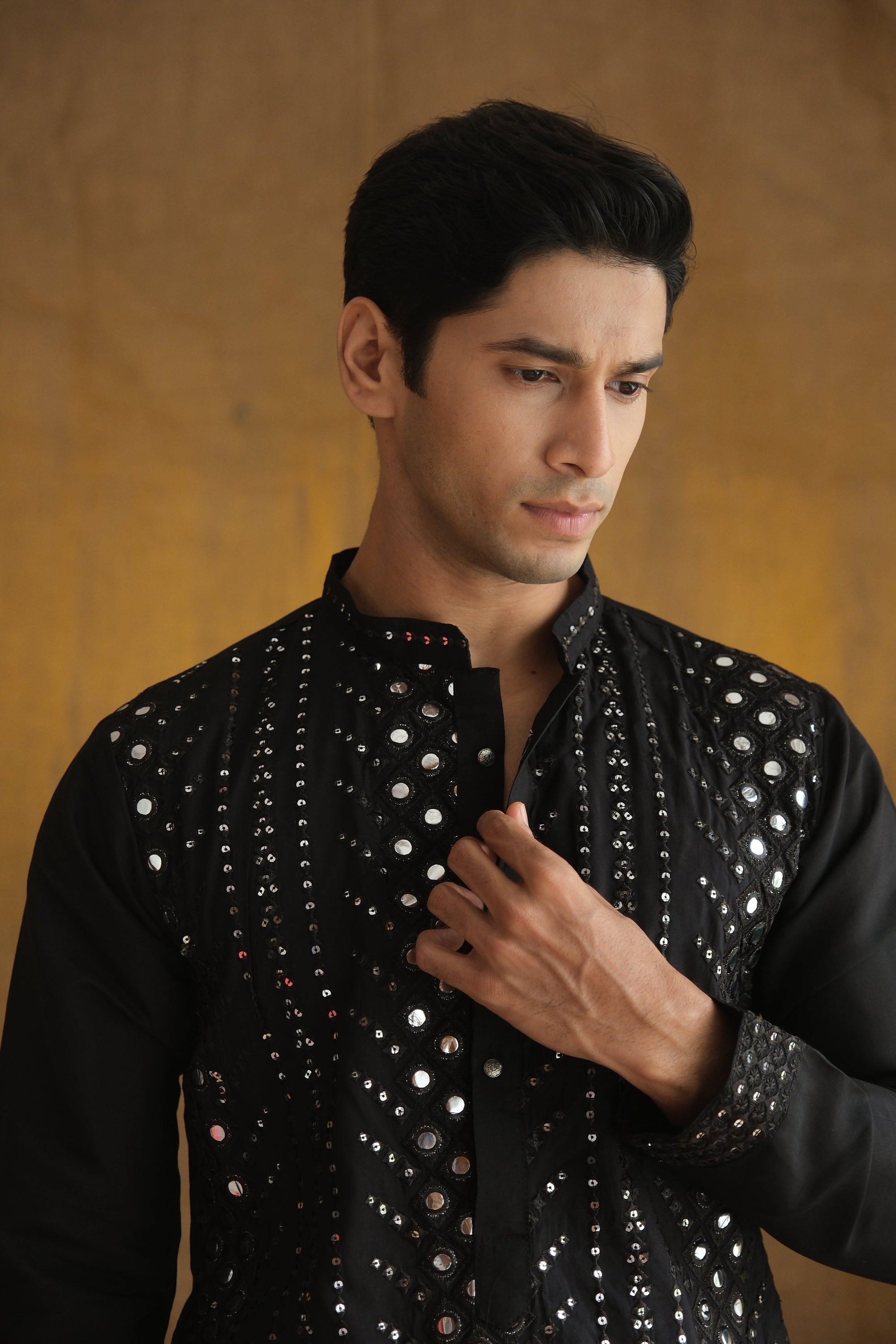 Men's Black Cotton Silk Mirror Embroidery Work Men Kurta