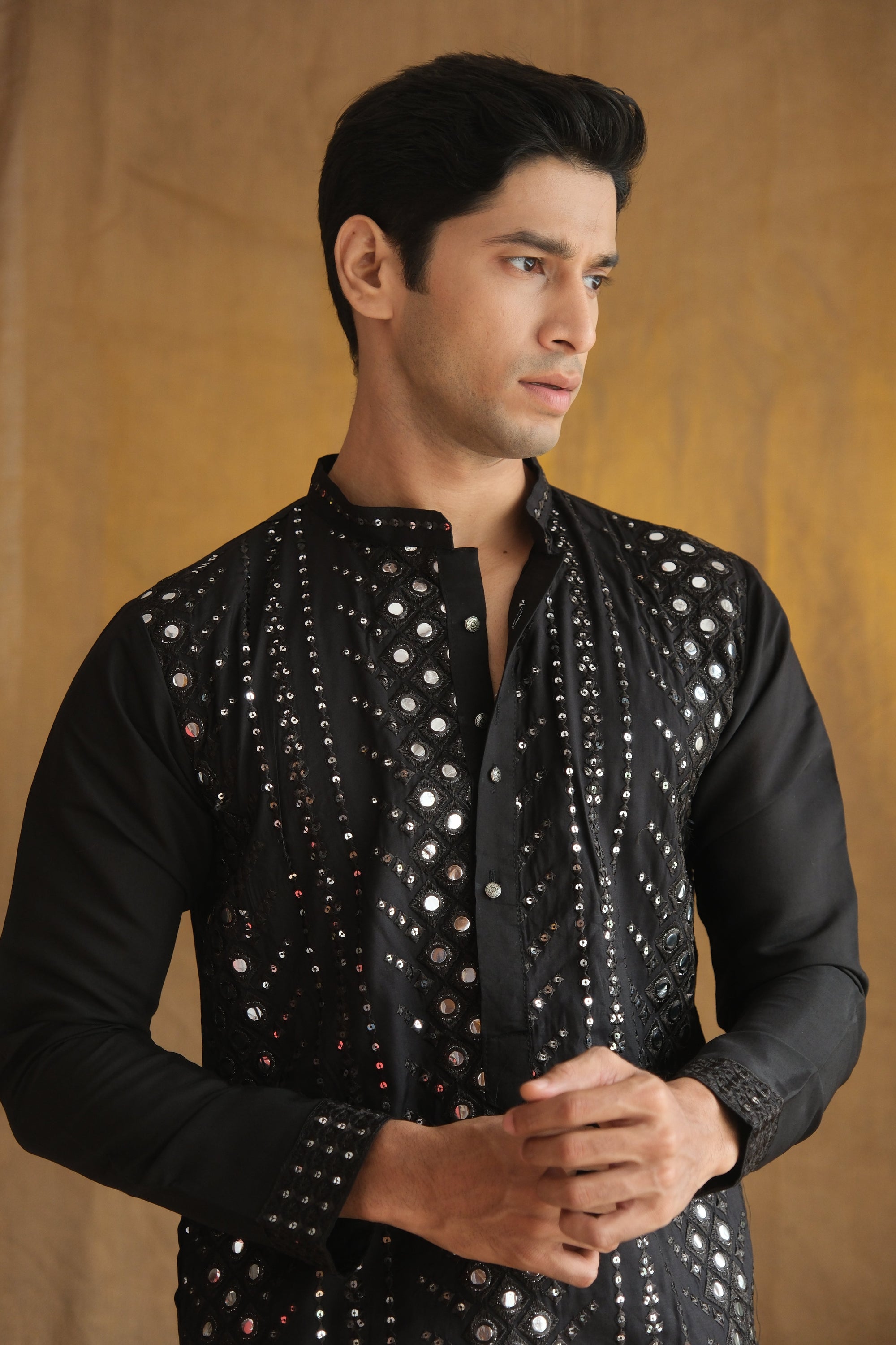 Men's Black Cotton Silk Mirror Embroidery Work Men Kurta