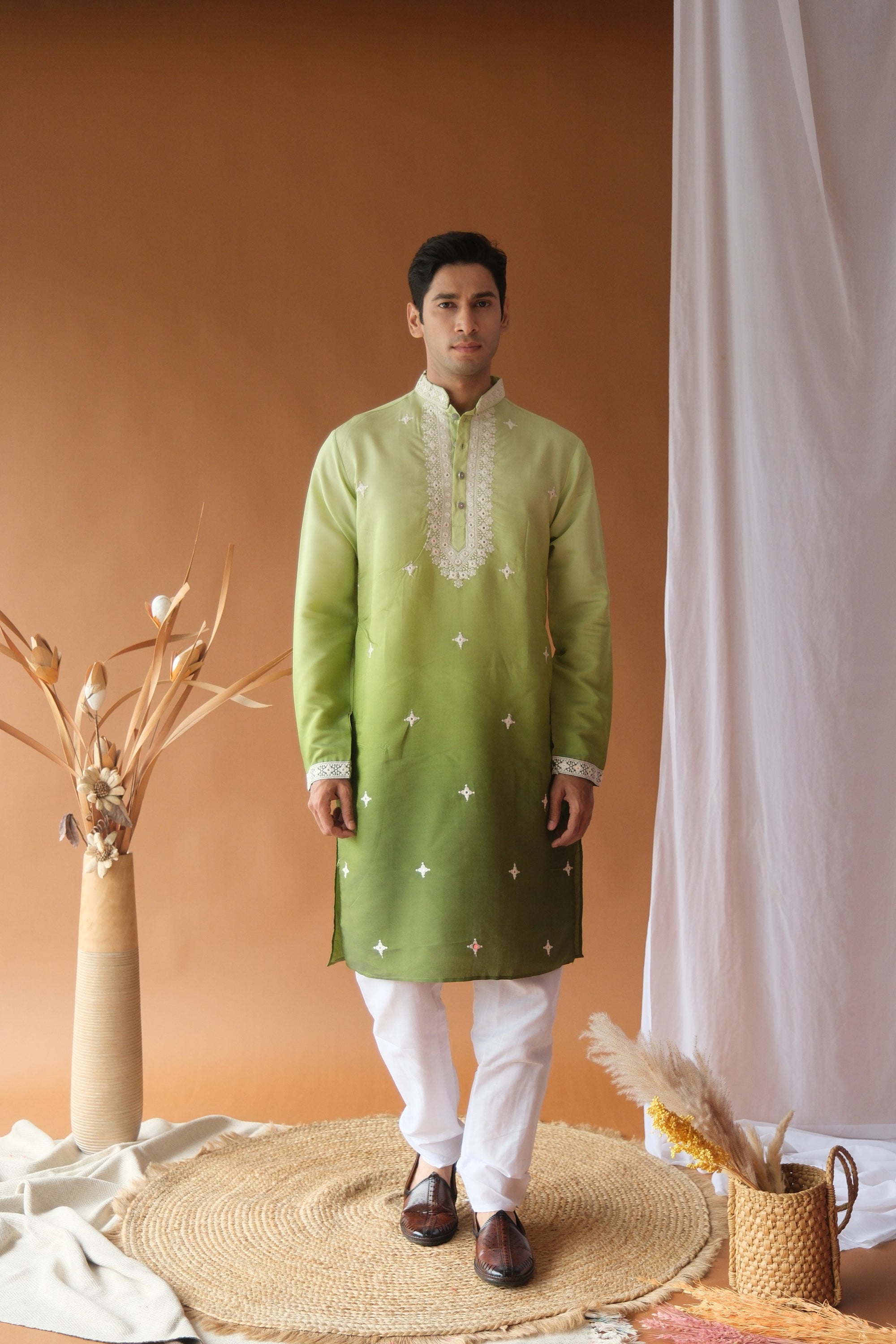 Green Cotton Silk Embroidered Work Kurta for Men