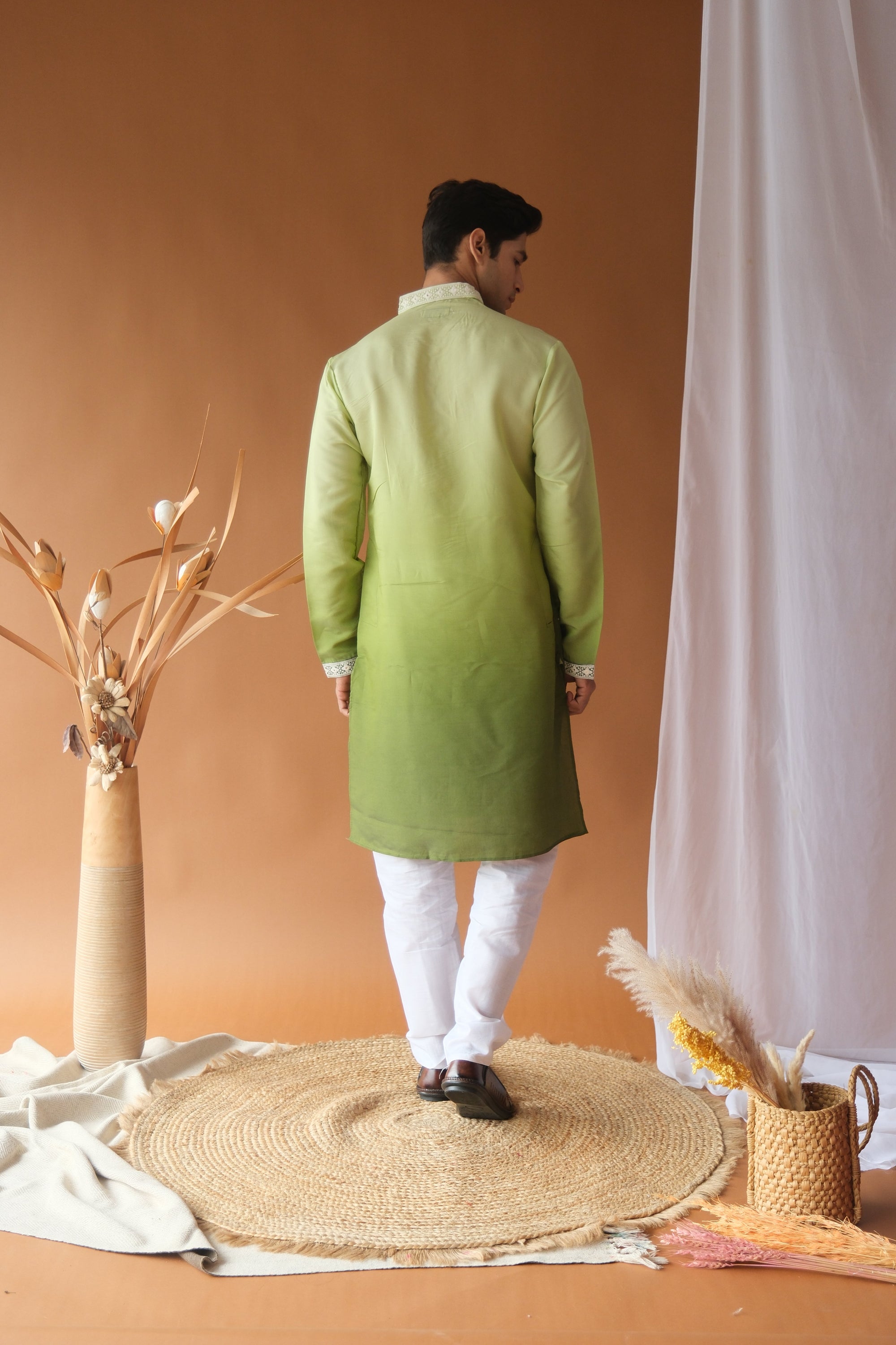 Green Cotton Silk Embroidered Work Kurta for Men