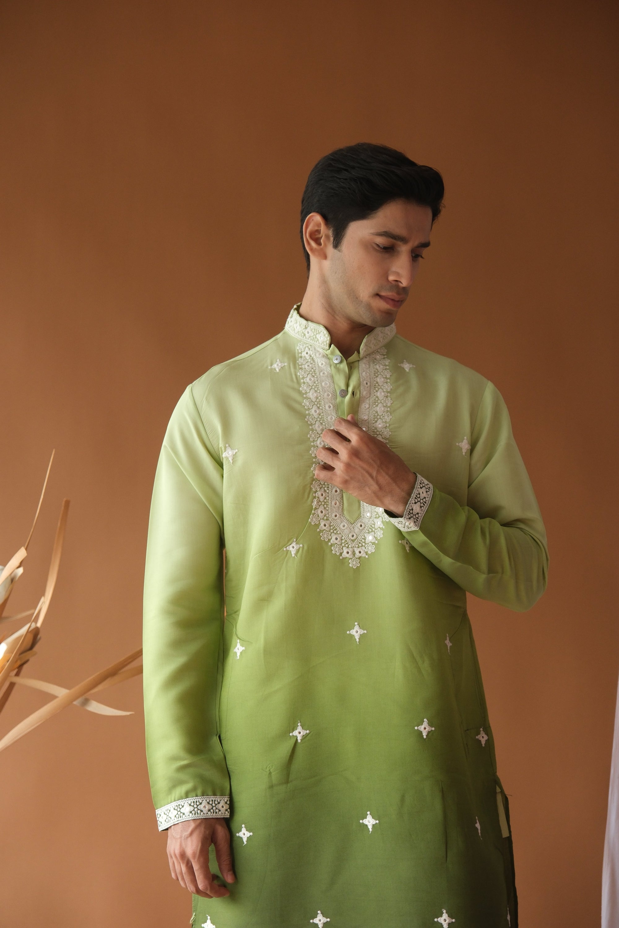 Green Cotton Silk Embroidered Work Kurta for Men