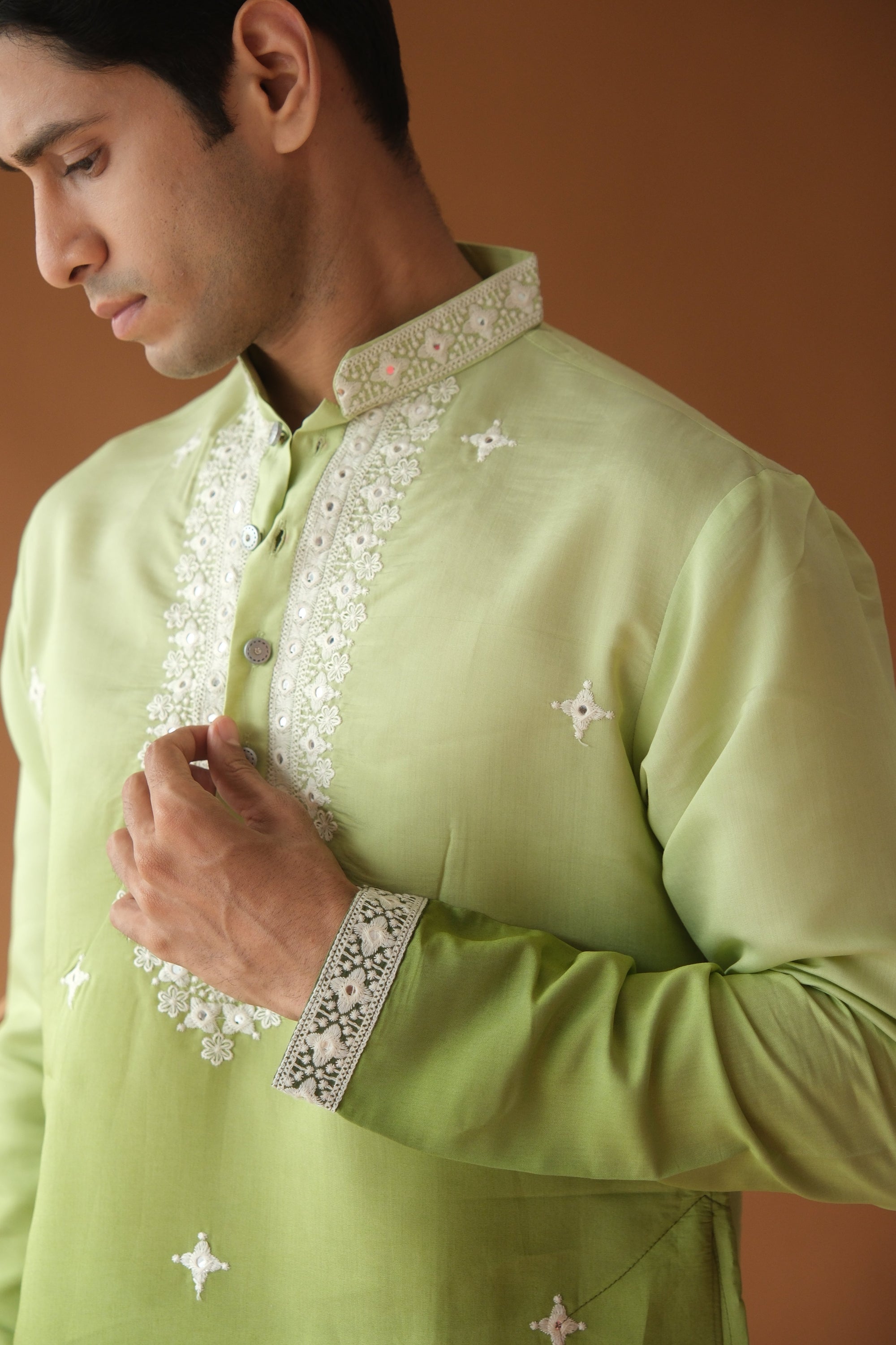 Green Cotton Silk Embroidered Work Kurta for Men