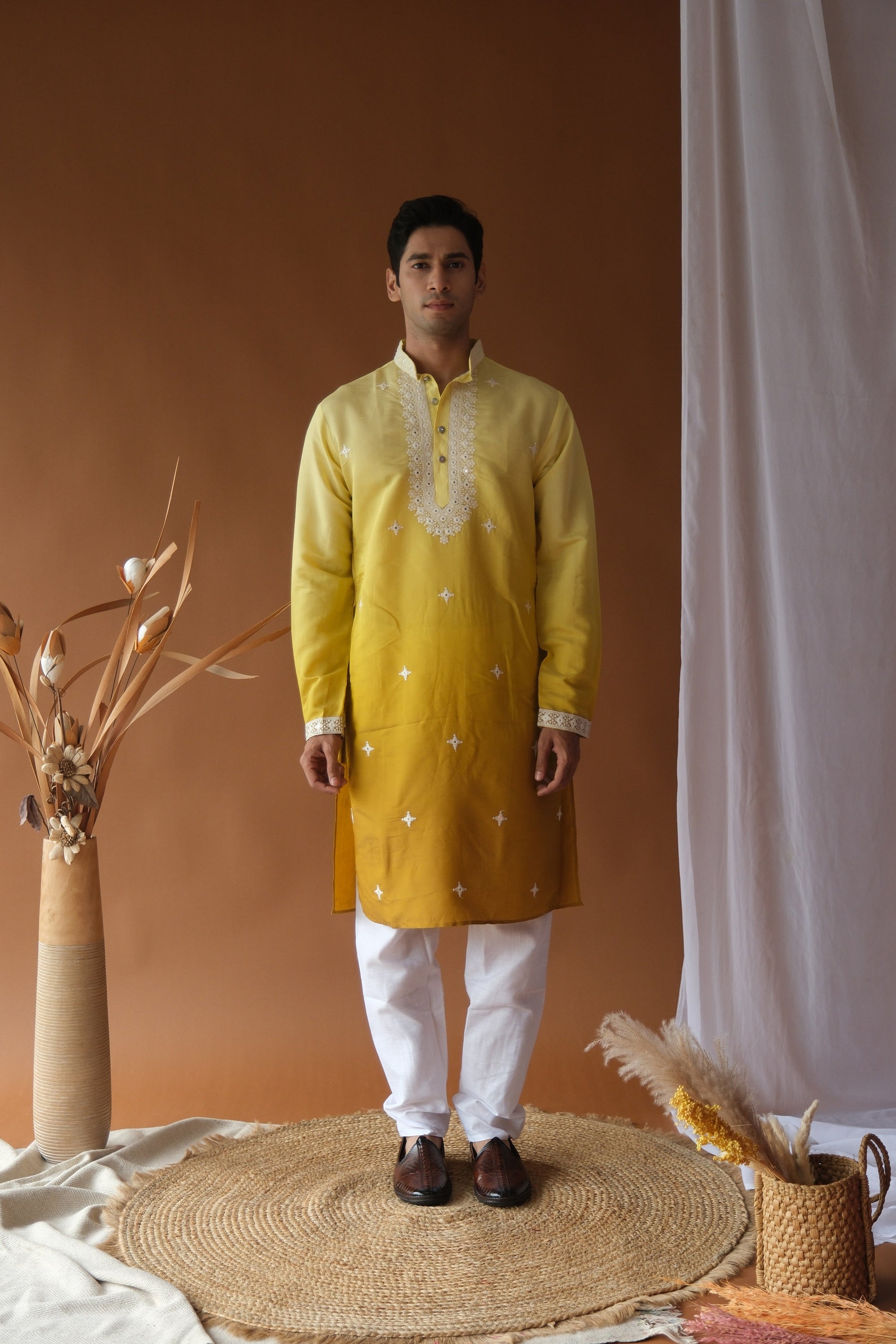 Yellow Mustard Blue Cotton Silk Embroidered Work Kurta for Men