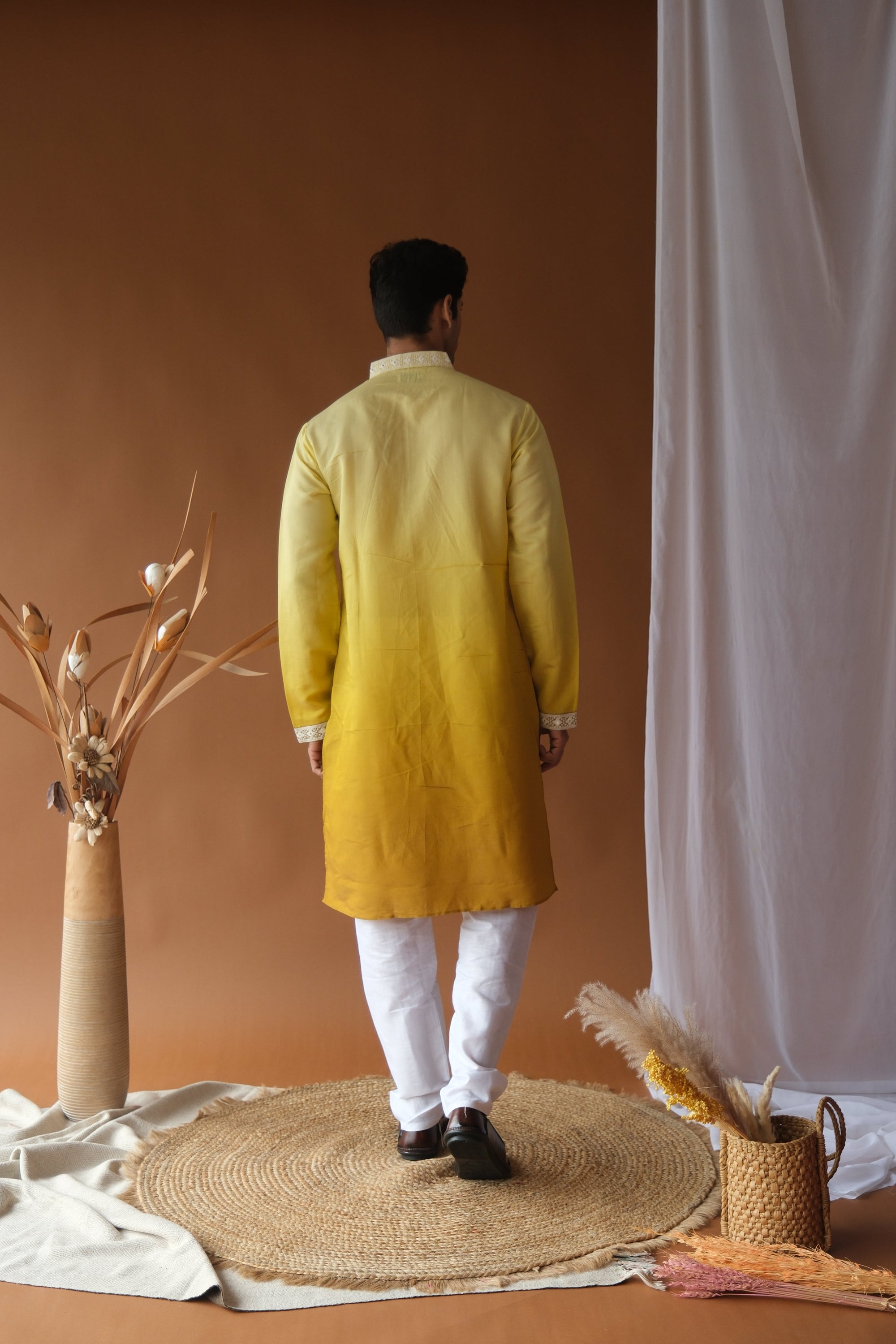 Yellow Mustard Blue Cotton Silk Embroidered Work Kurta for Men