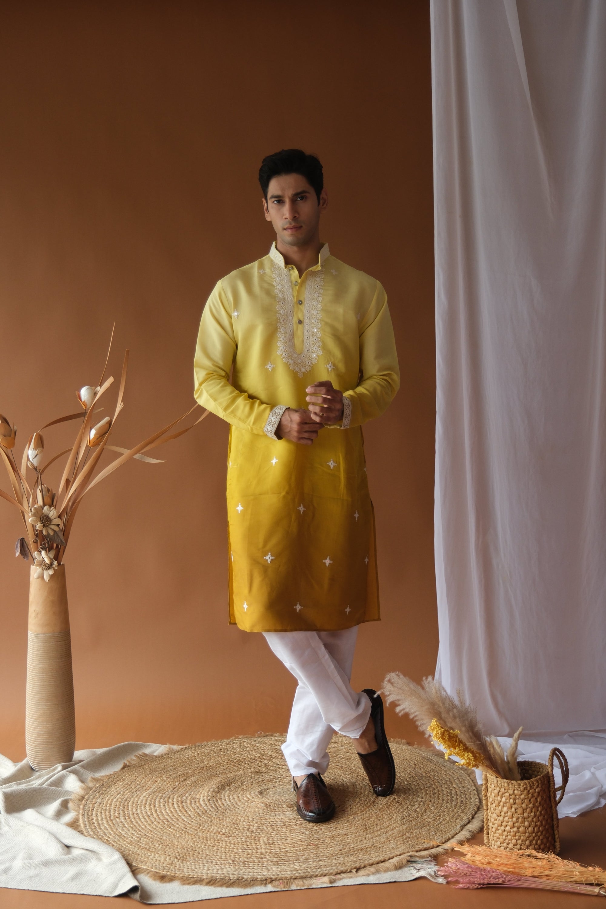 Yellow Mustard Blue Cotton Silk Embroidered Work Kurta for Men