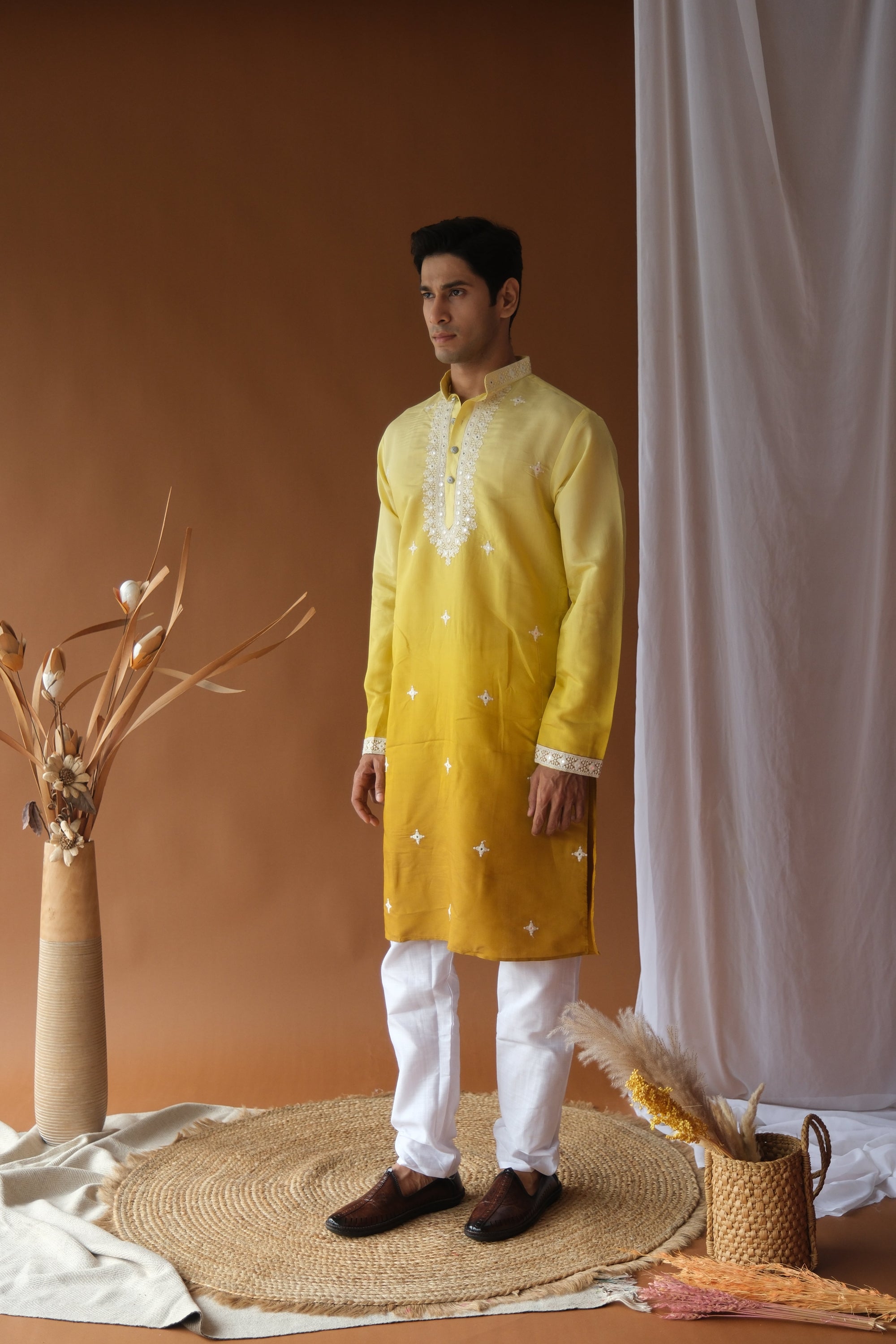 Yellow Mustard Blue Cotton Silk Embroidered Work Kurta for Men