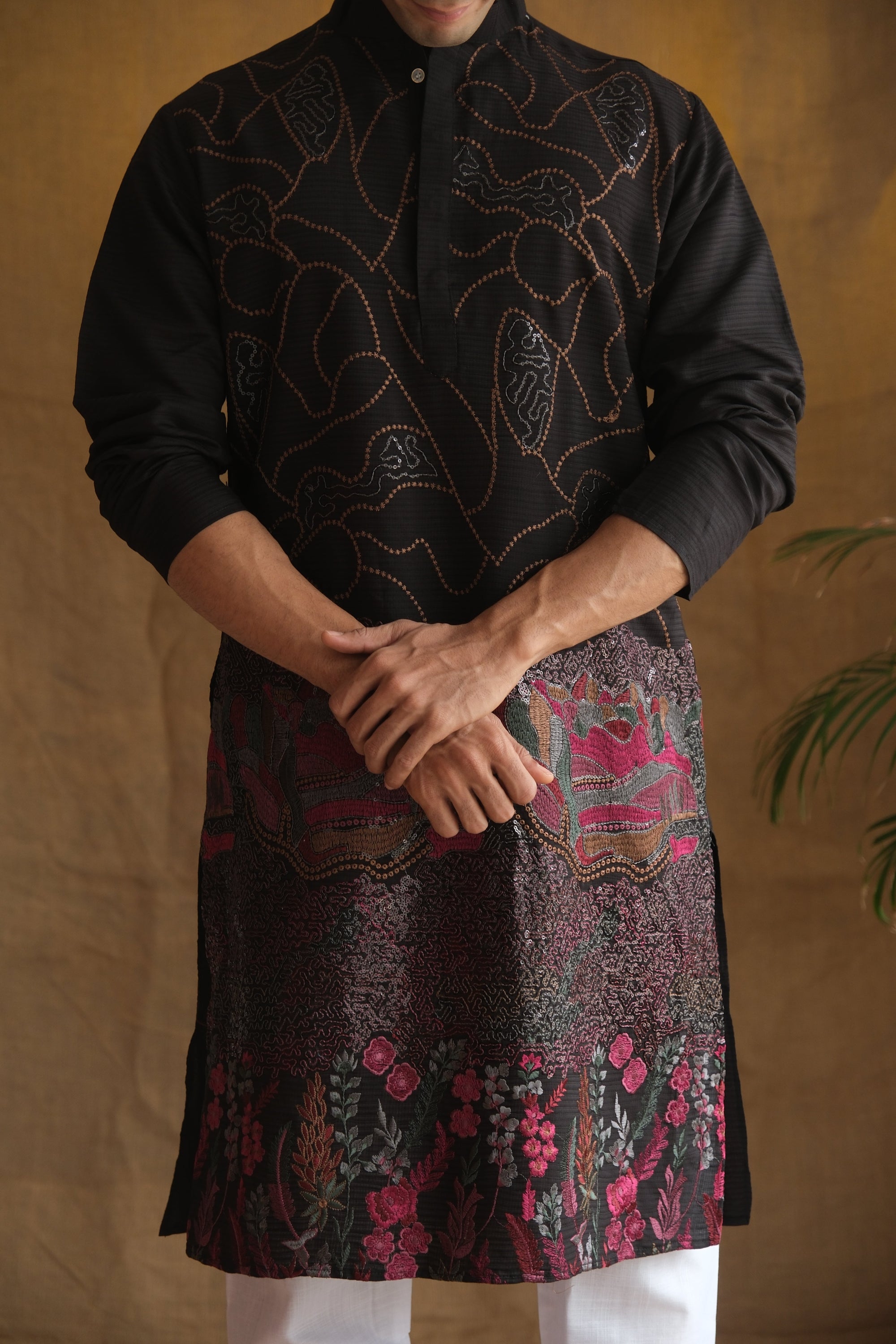 Men's Black Geometric Printed Sequinned Cotton Kurta