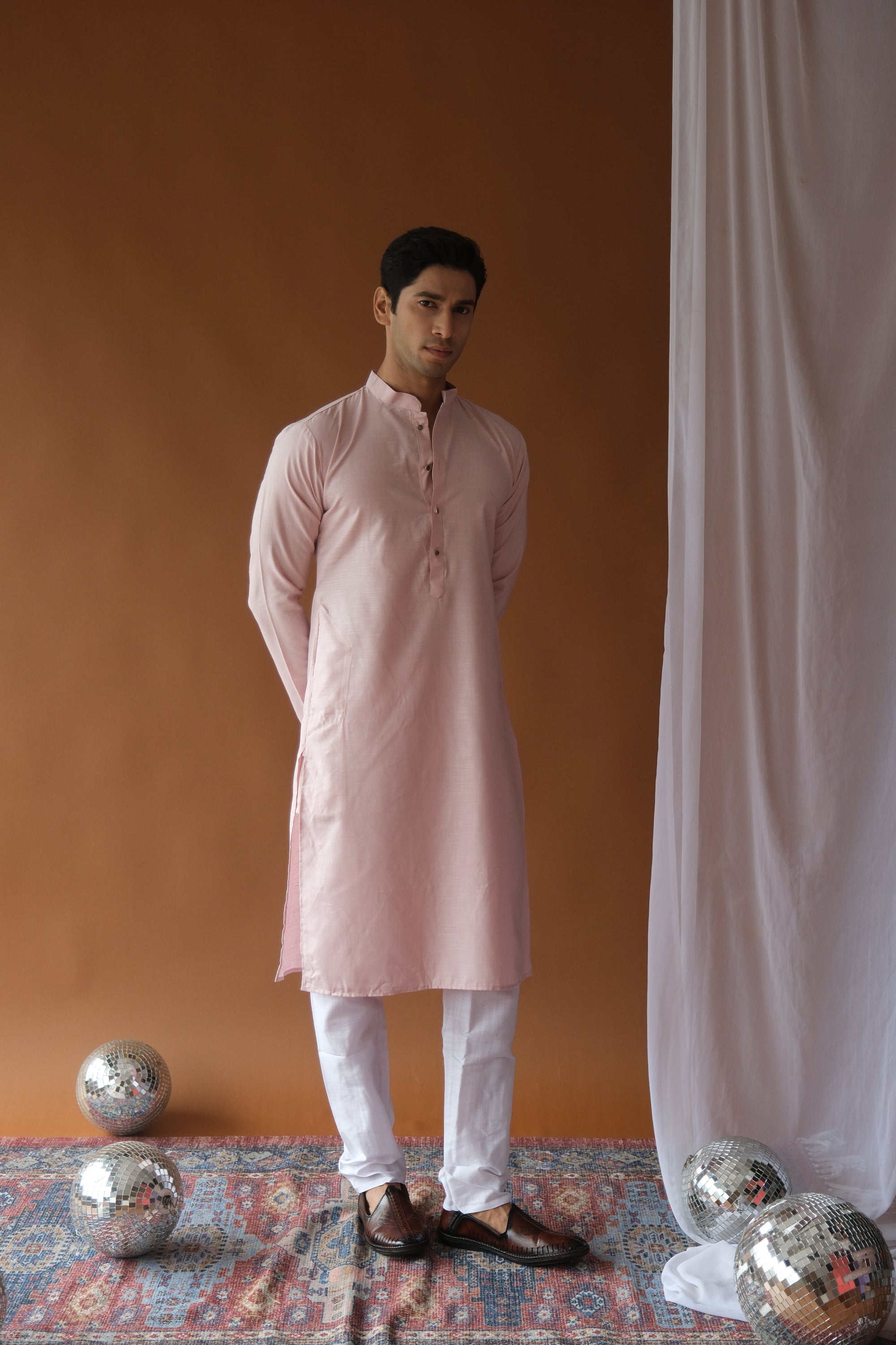 Men's Baby Pink Solid Festive Cotton Straight Kurta