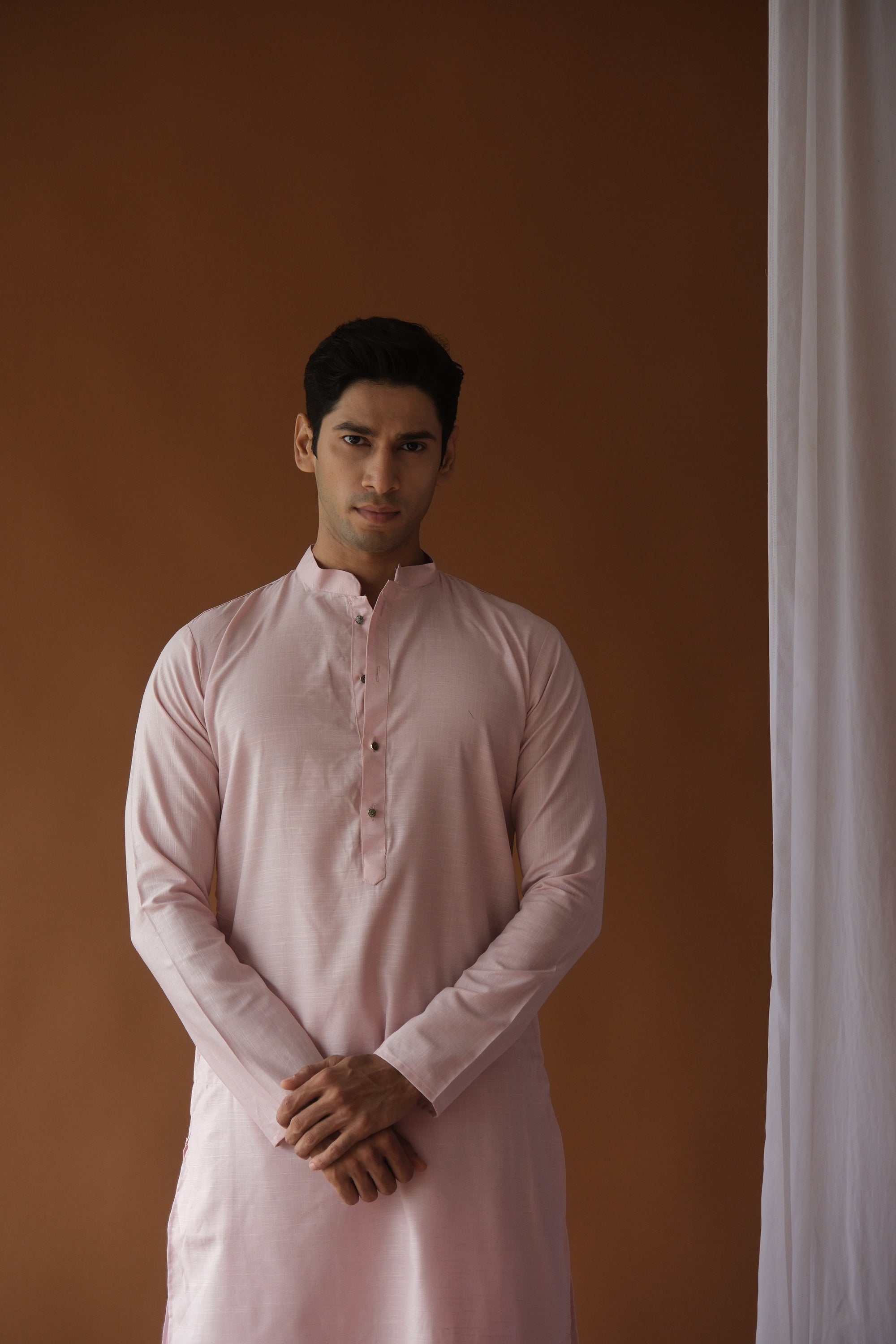 Men's Baby Pink Solid Festive Cotton Straight Kurta