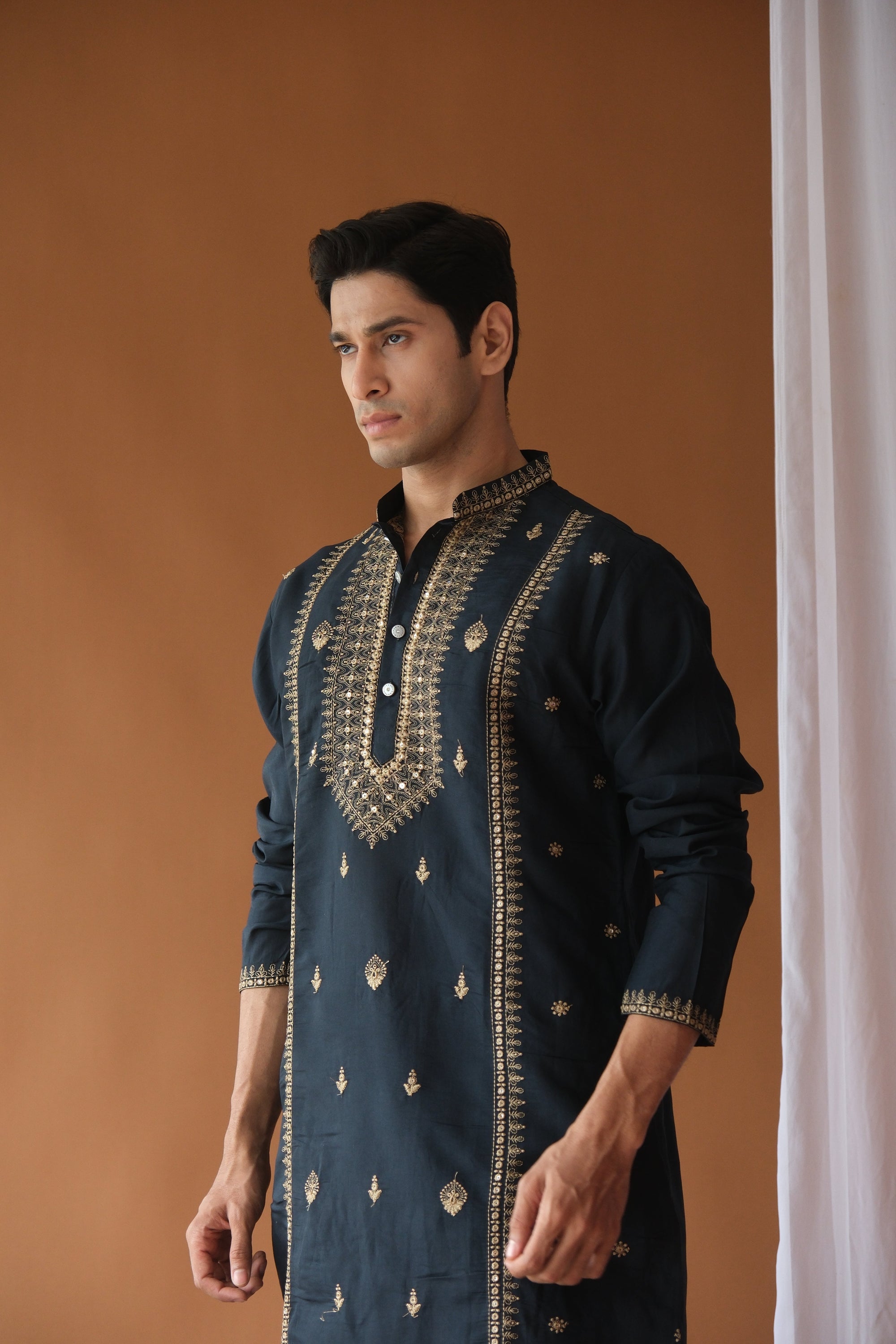 Sequin Navy Blue Neck-Work Embroidered Kurta for Men