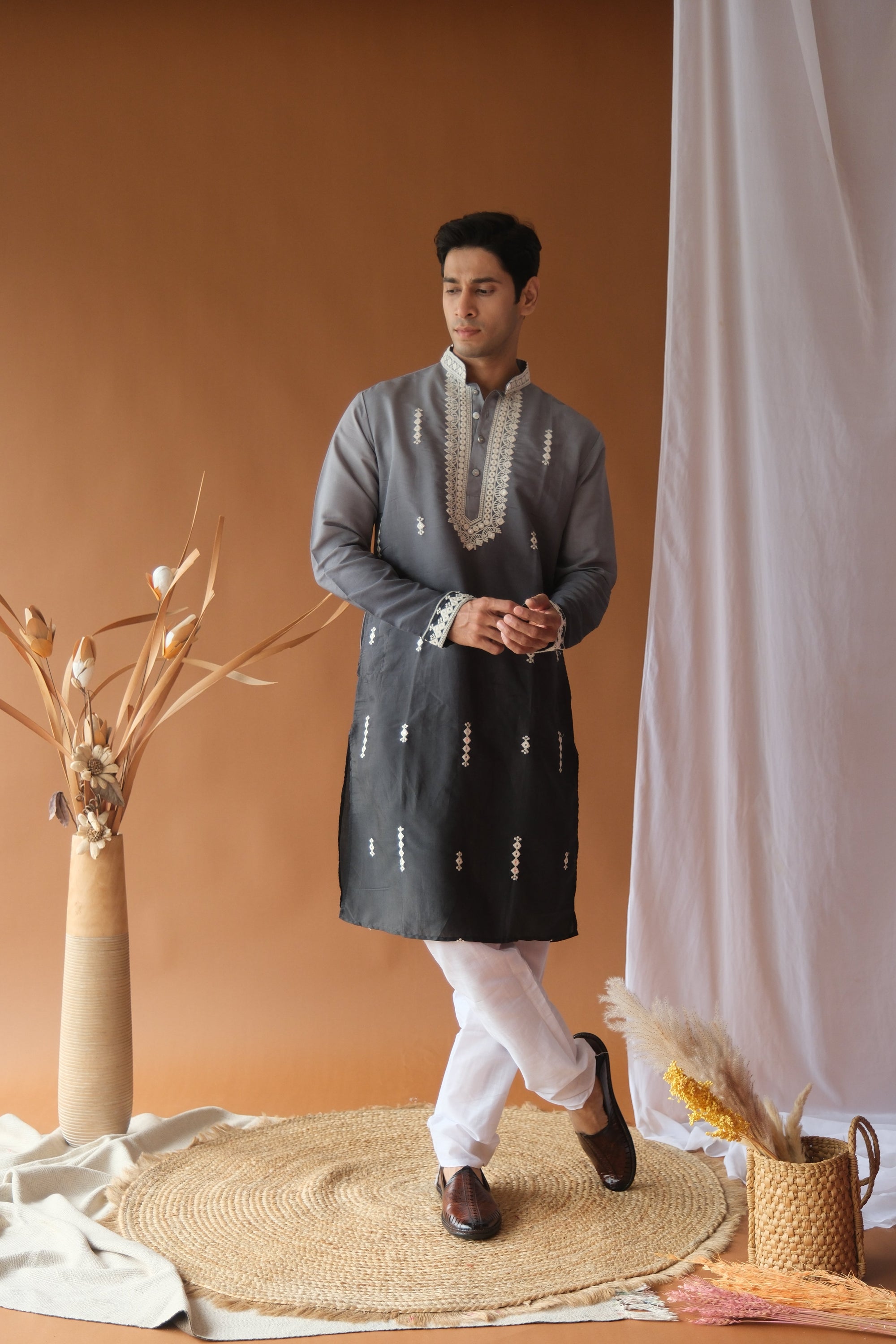 Men's Grey Black Sequence Embroidered Round Neck Kurta