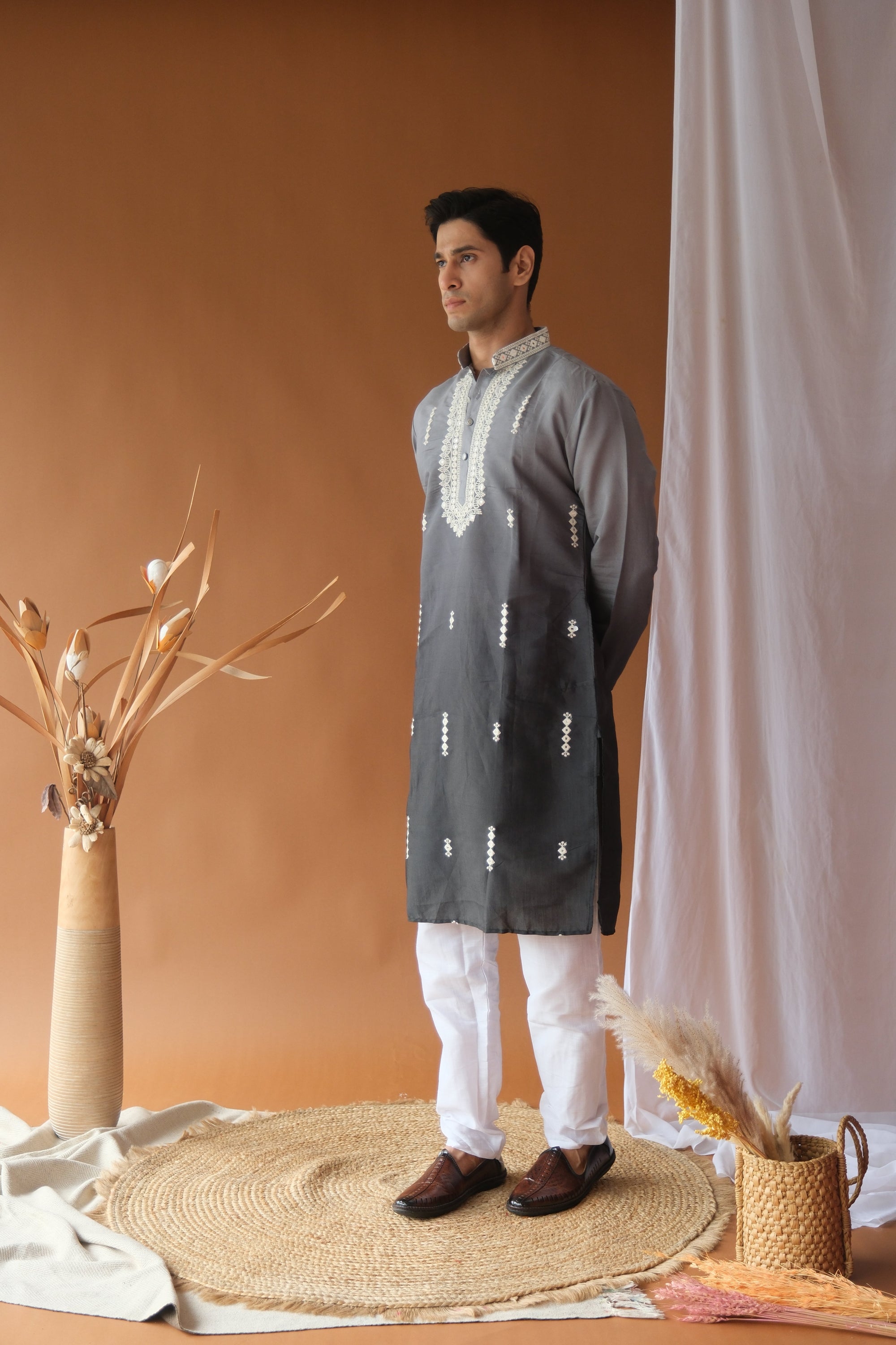 Men's Grey Black Sequence Embroidered Round Neck Kurta