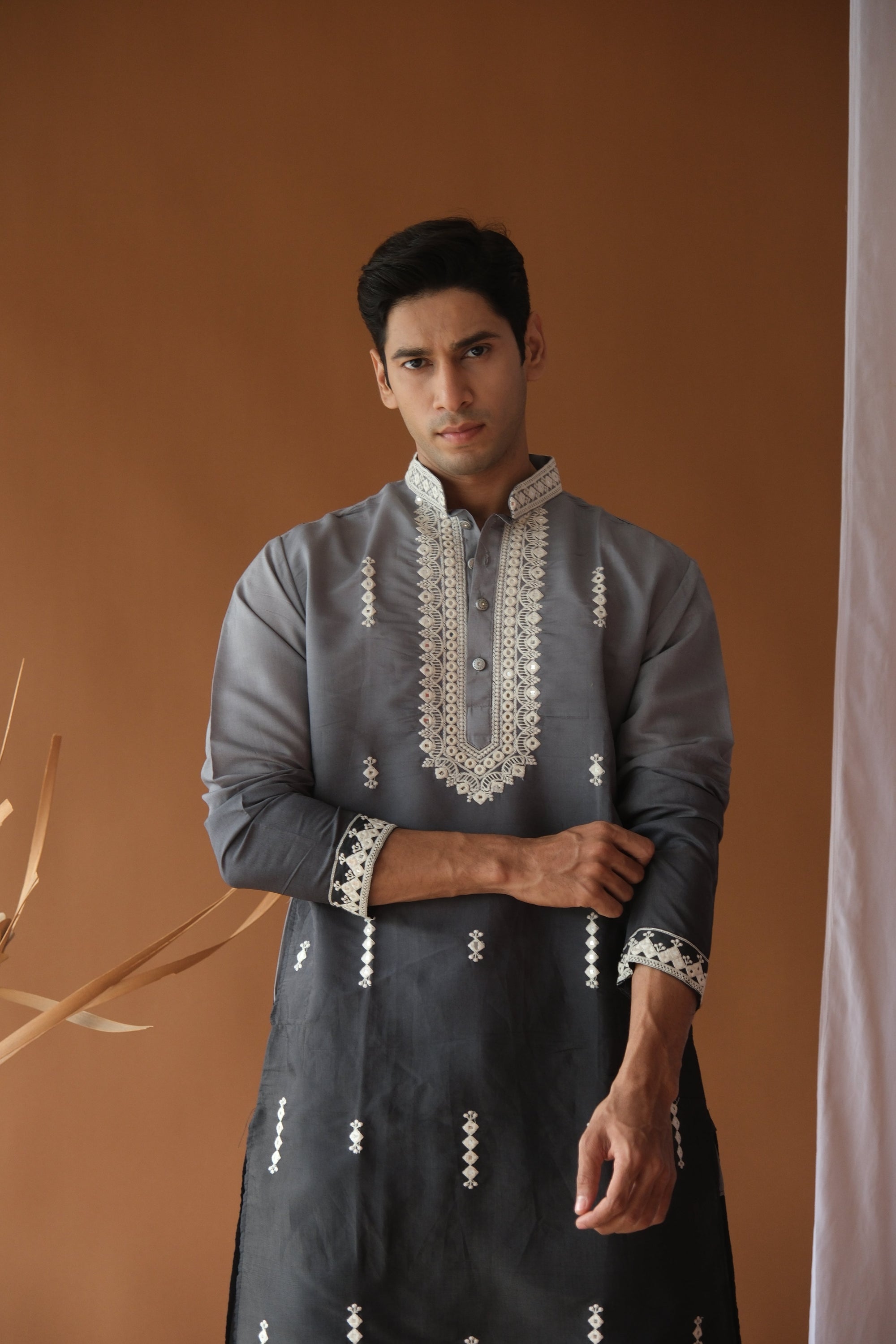 Men's Grey Black Sequence Embroidered Round Neck Kurta