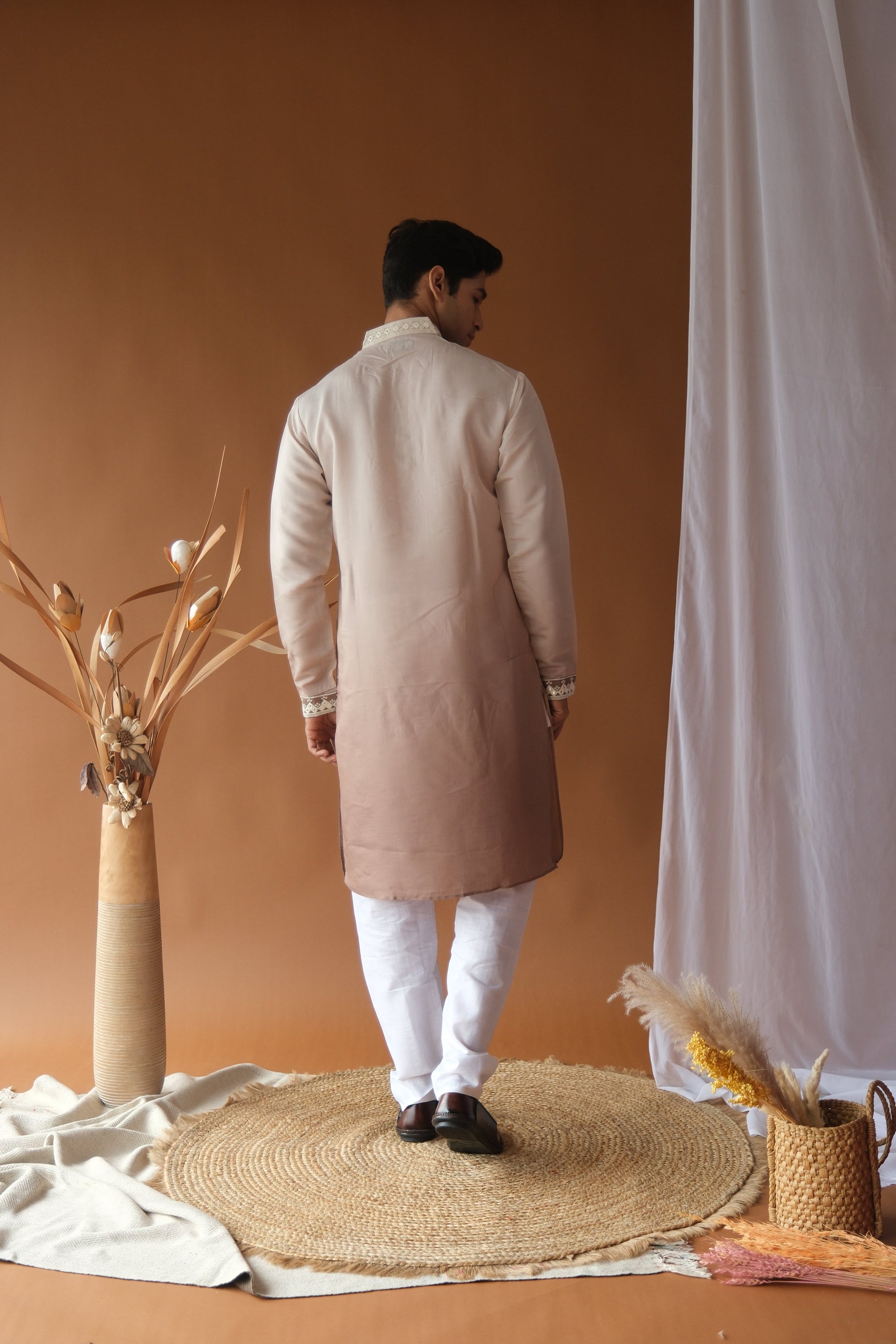 Men's Brown Sequence Embroidered Round Neck Kurta