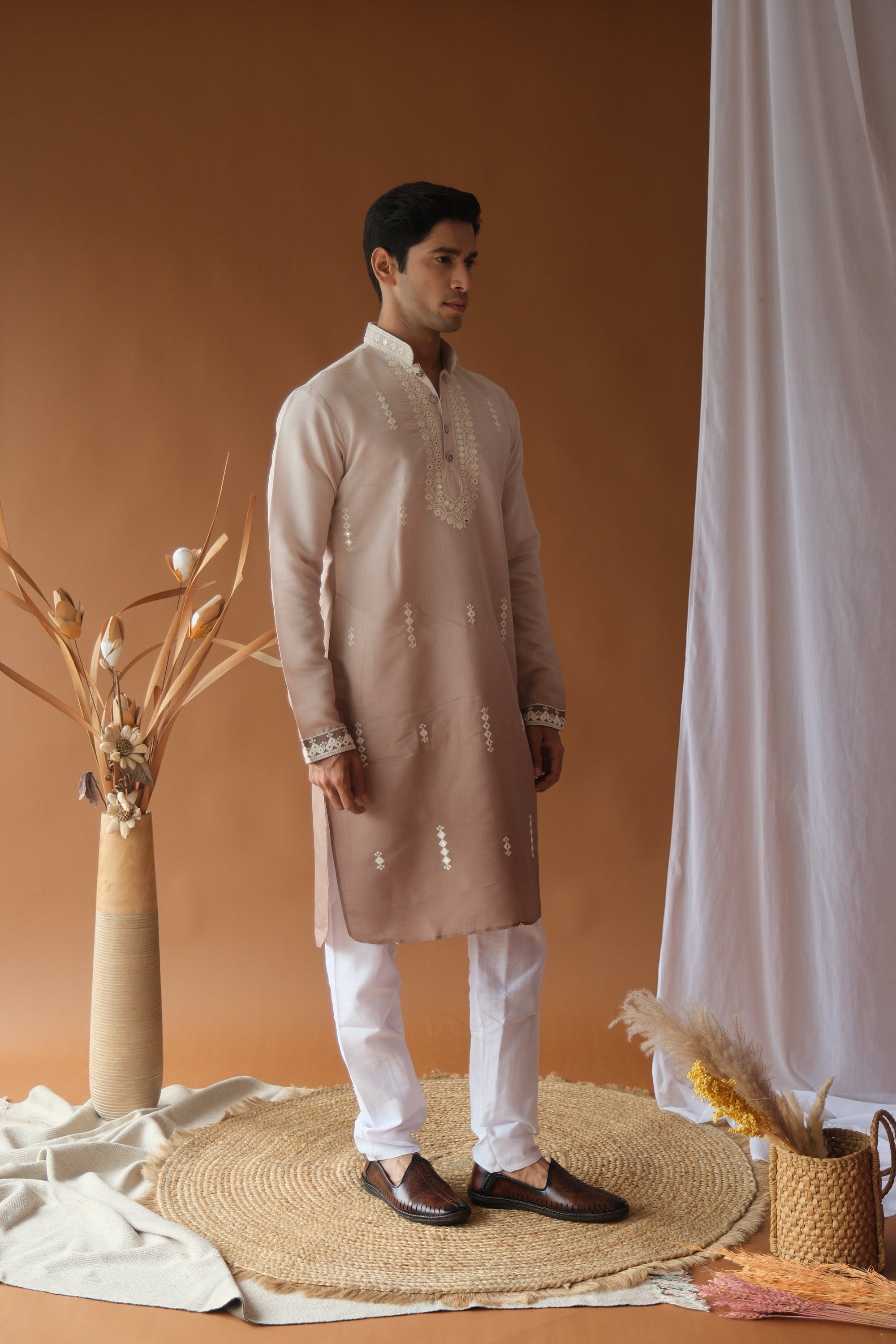 Men's Brown Sequence Embroidered Round Neck Kurta