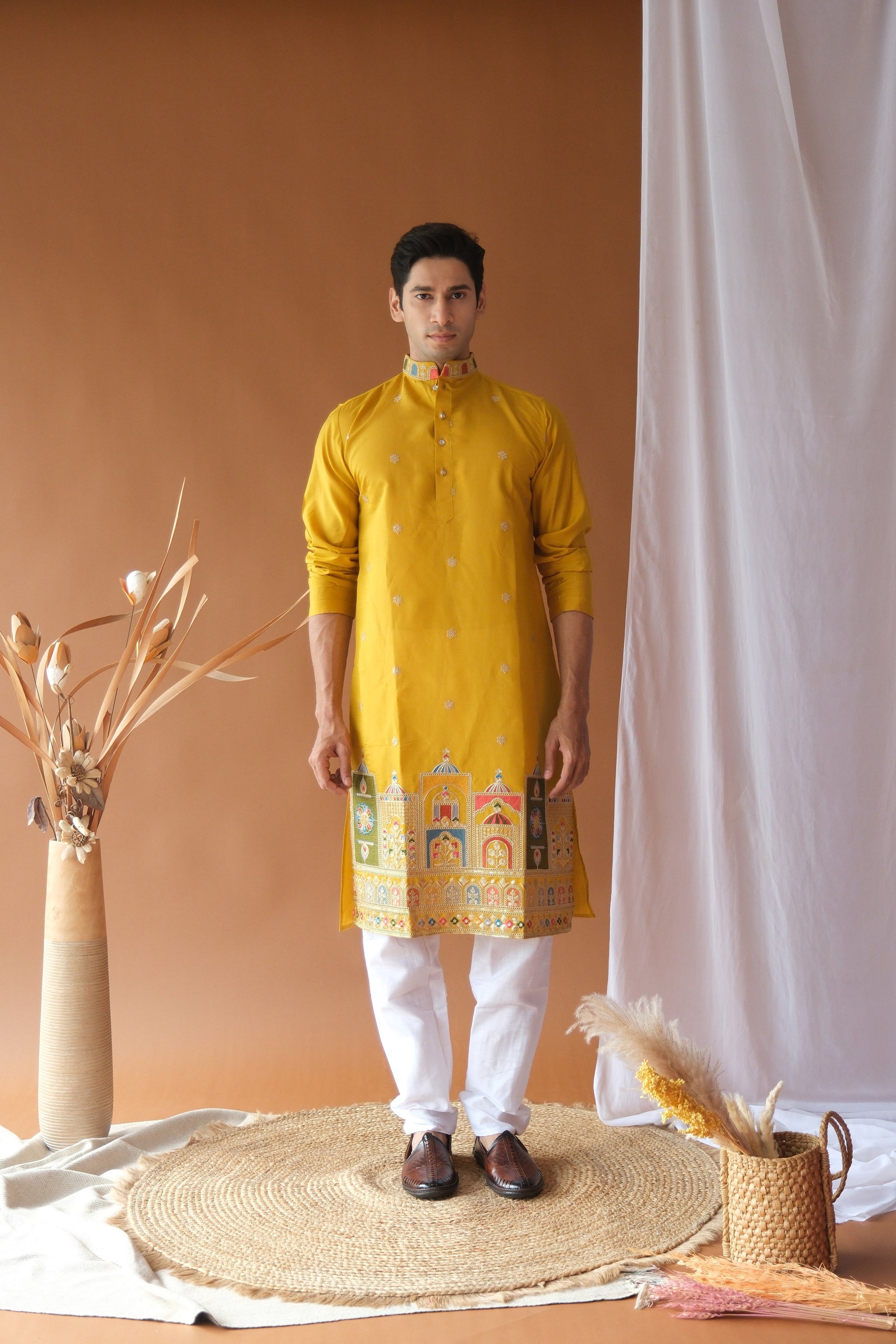 Men's Mustard Dori Daman Embroidered Kurta